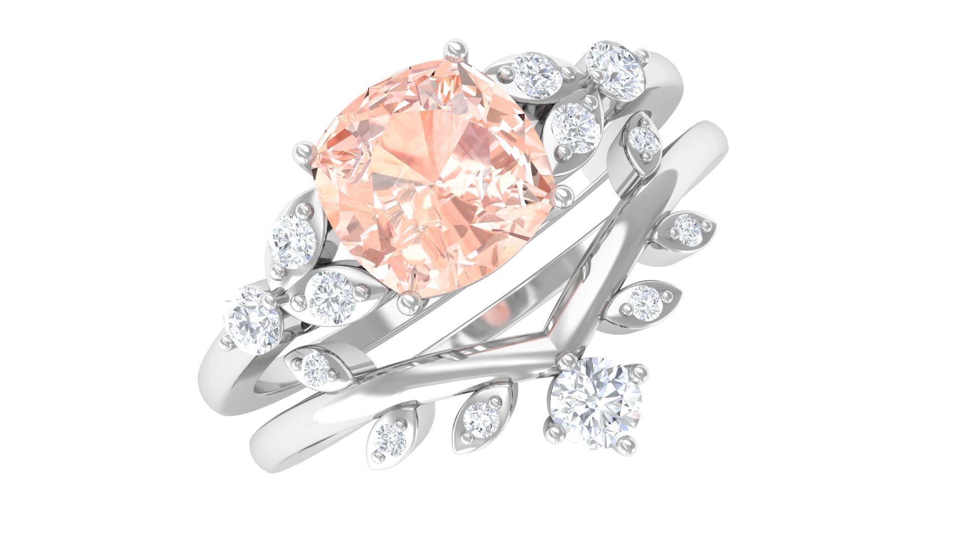 Morganite and Diamond Ring Set with Leaf Motif Morganite - ( AAA ) - Quality - Rosec Jewels