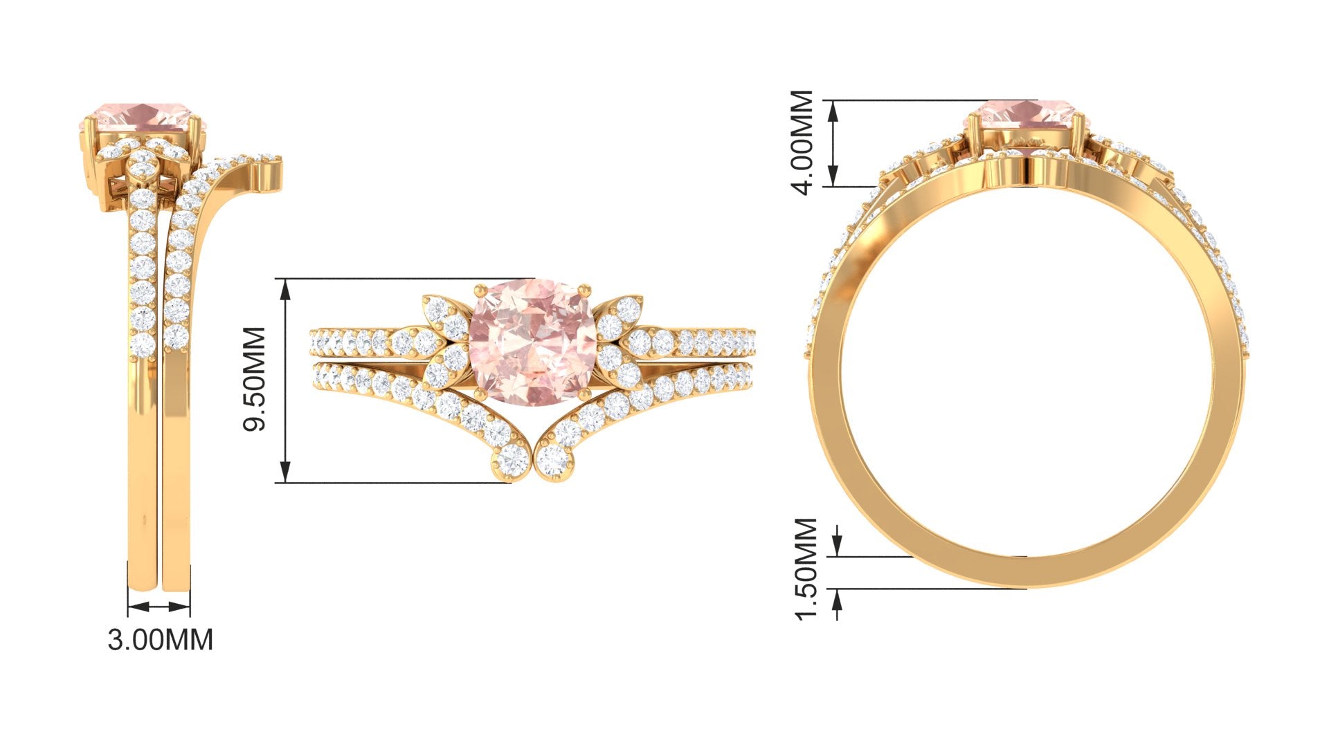 Cushion Cut Morganite and Diamond Bridal Ring Set Morganite - ( AAA ) - Quality - Rosec Jewels