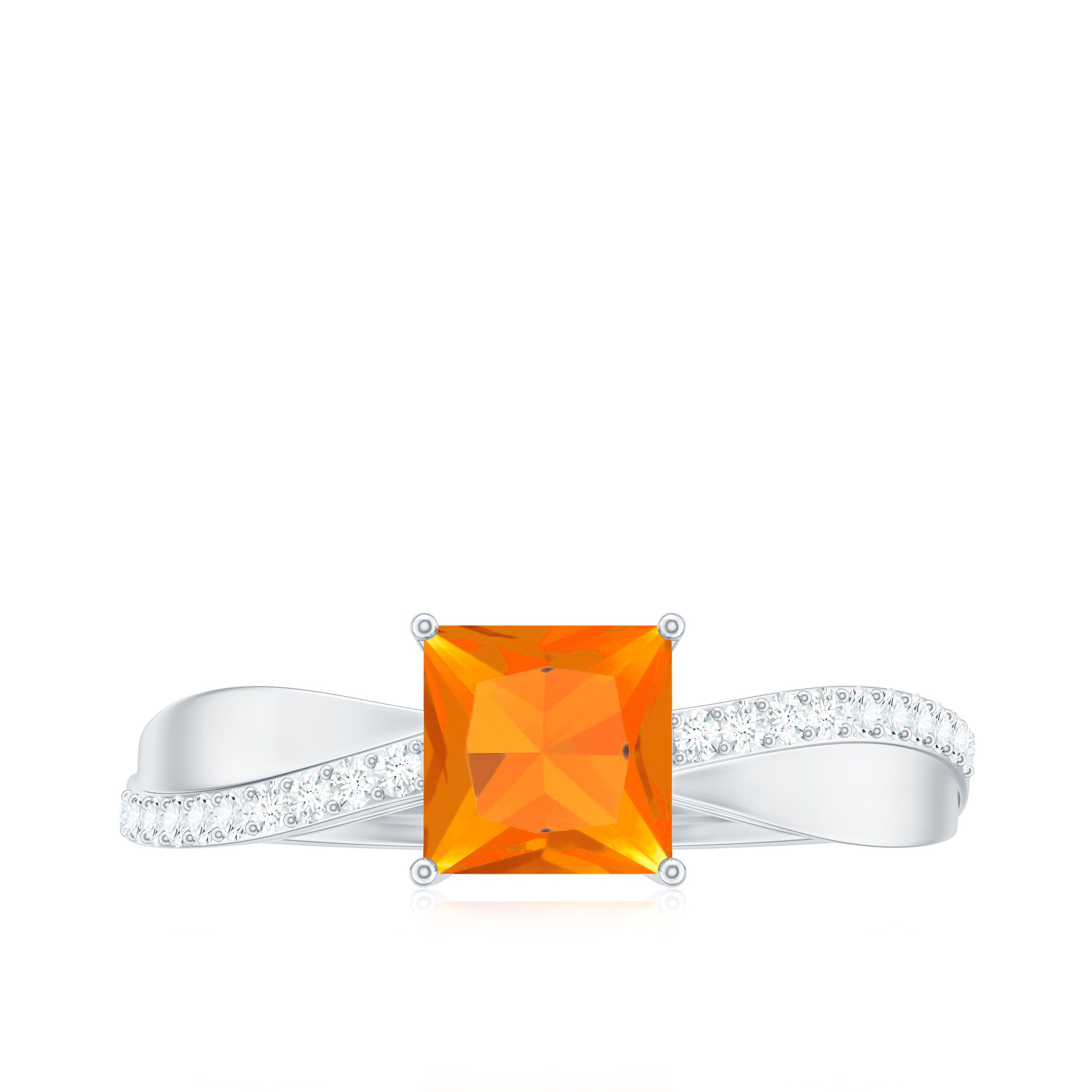 Princess Cut Fire Opal Solitaire Engagement Ring with Diamond Fire Opal - ( AAA ) - Quality - Rosec Jewels