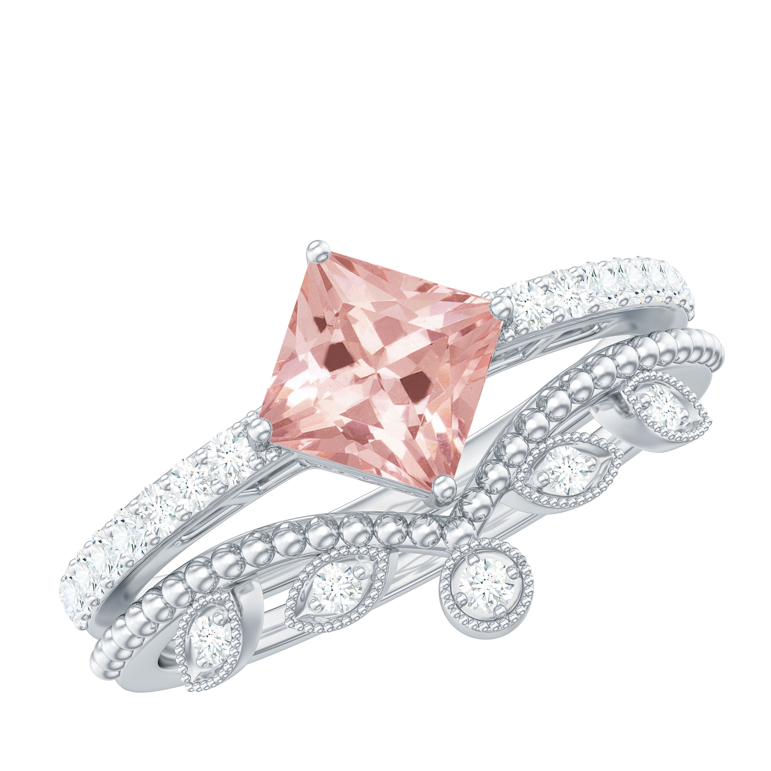 1.25 CT Vintage Style Princess Cut Morganite Ring Set with Diamond Morganite - ( AAA ) - Quality - Rosec Jewels