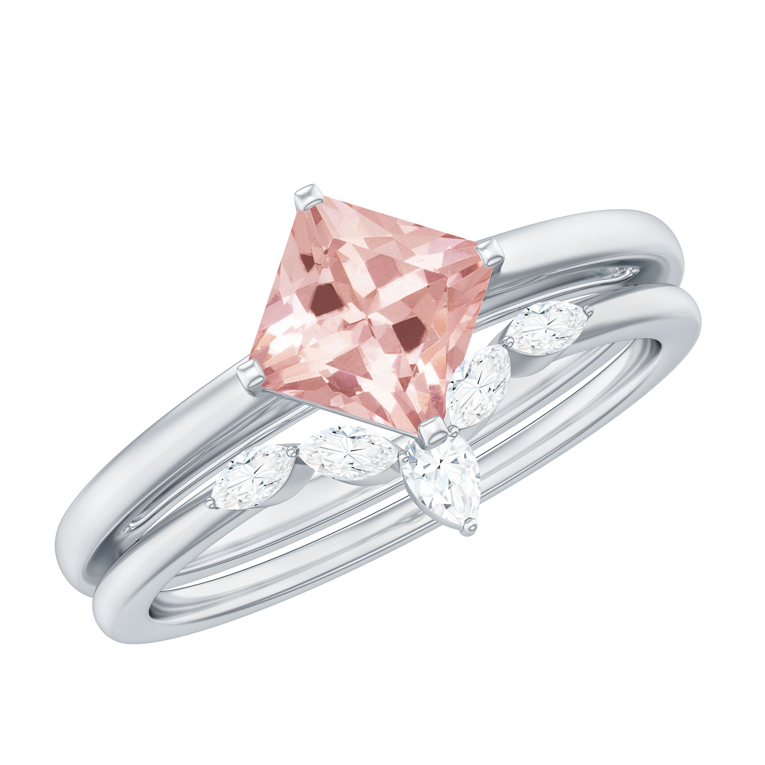 1 CT Princess Cut Morganite and Diamond Solitaire Ring Set Morganite - ( AAA ) - Quality - Rosec Jewels