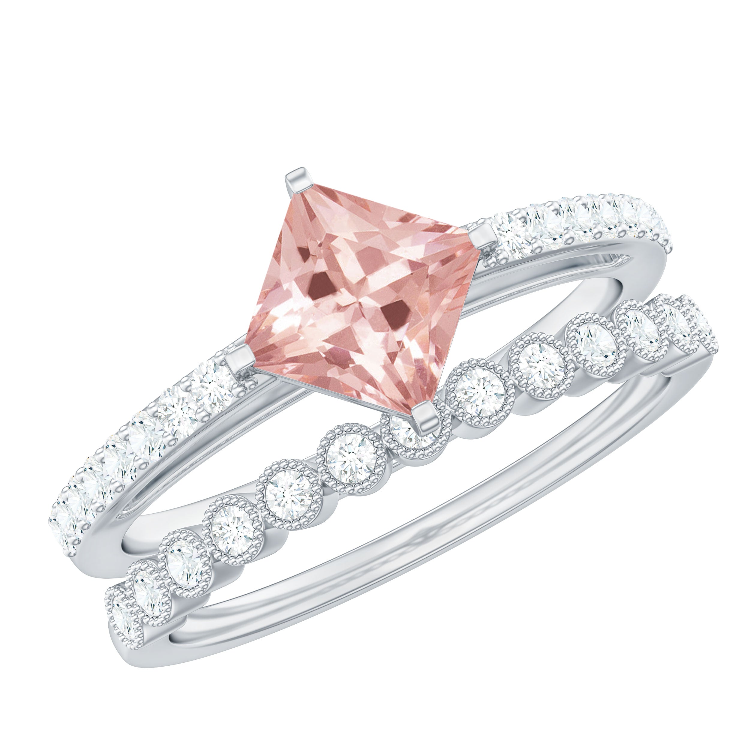 Solitaire Morganite and Diamond Ring Set Morganite - ( AAA ) - Quality - Rosec Jewels