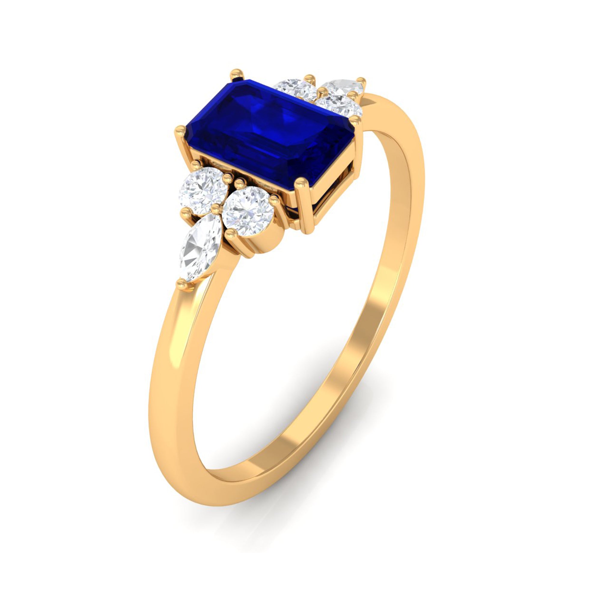 Emerald Cut Blue Sapphire Solitaire Ring with Diamond Trio Blue Sapphire - ( AAA ) - Quality - Rosec Jewels