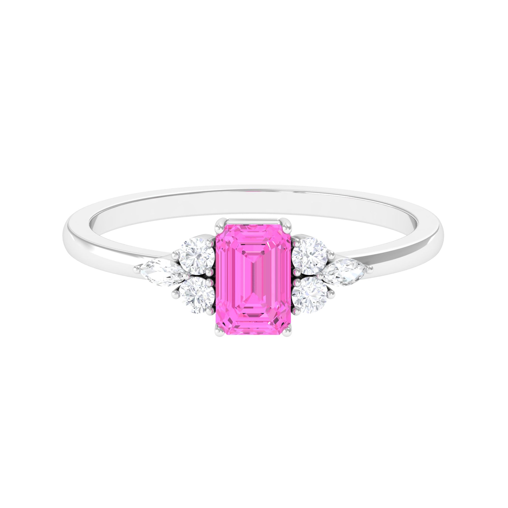 Emerald Cut Pink Sapphire Solitaire Ring with Diamond Trio Pink Sapphire - ( AAA ) - Quality - Rosec Jewels