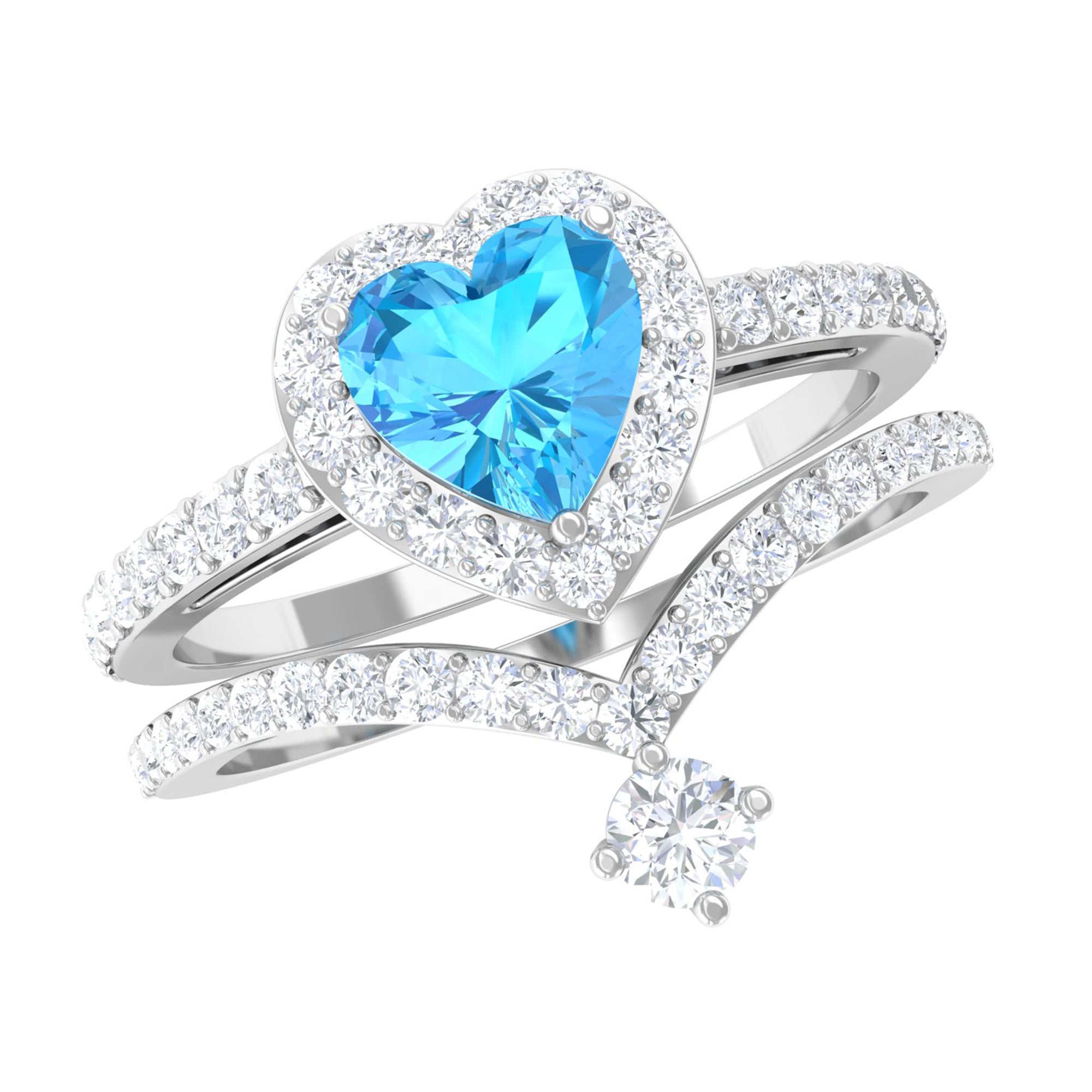 Heart Swiss Blue Topaz Ring Set with Moissanite Swiss Blue Topaz - ( AAA ) - Quality - Rosec Jewels