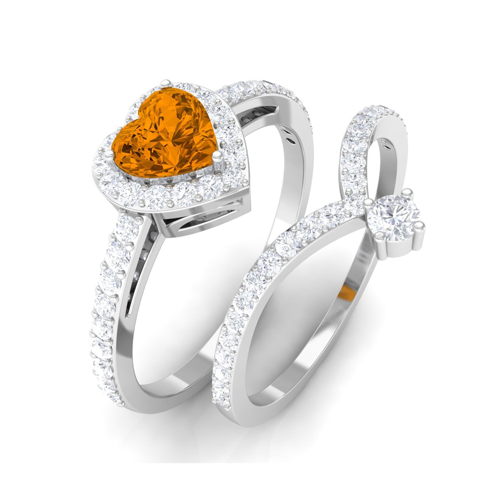 Heart Shape Natural Citrine Ring Set with Moissanite Citrine - ( AAA ) - Quality - Rosec Jewels