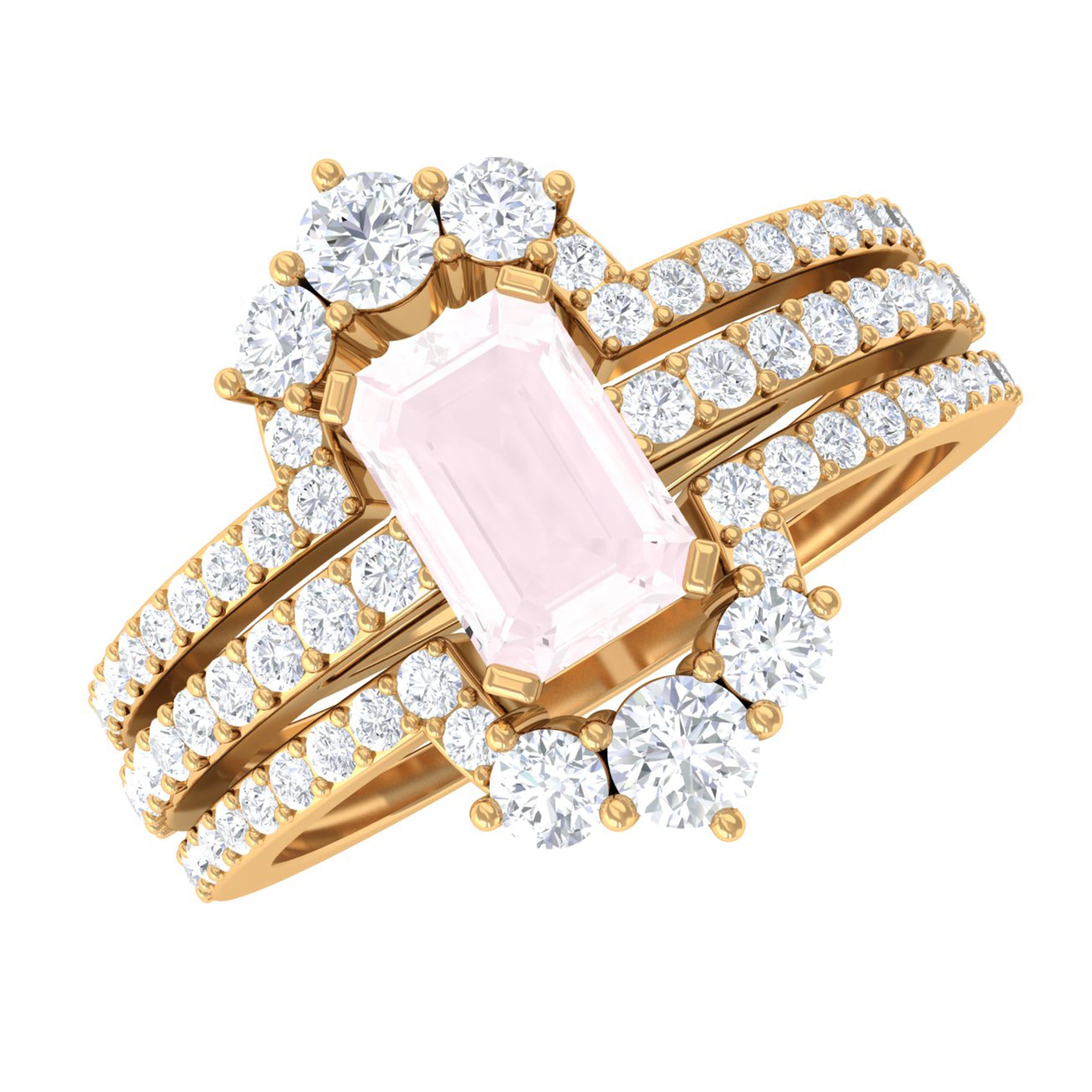 Octagon Cut Rose Quartz Solitaire Ring Set with Moissanite Rose Quartz - ( AAA ) - Quality - Rosec Jewels