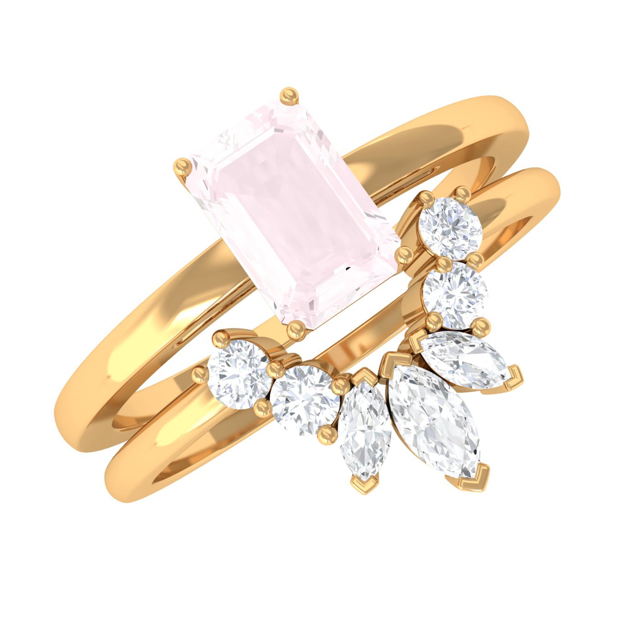 Octagon Cut Rose Quartz Wedding Ring Set with Diamond Rose Quartz - ( AAA ) - Quality - Rosec Jewels