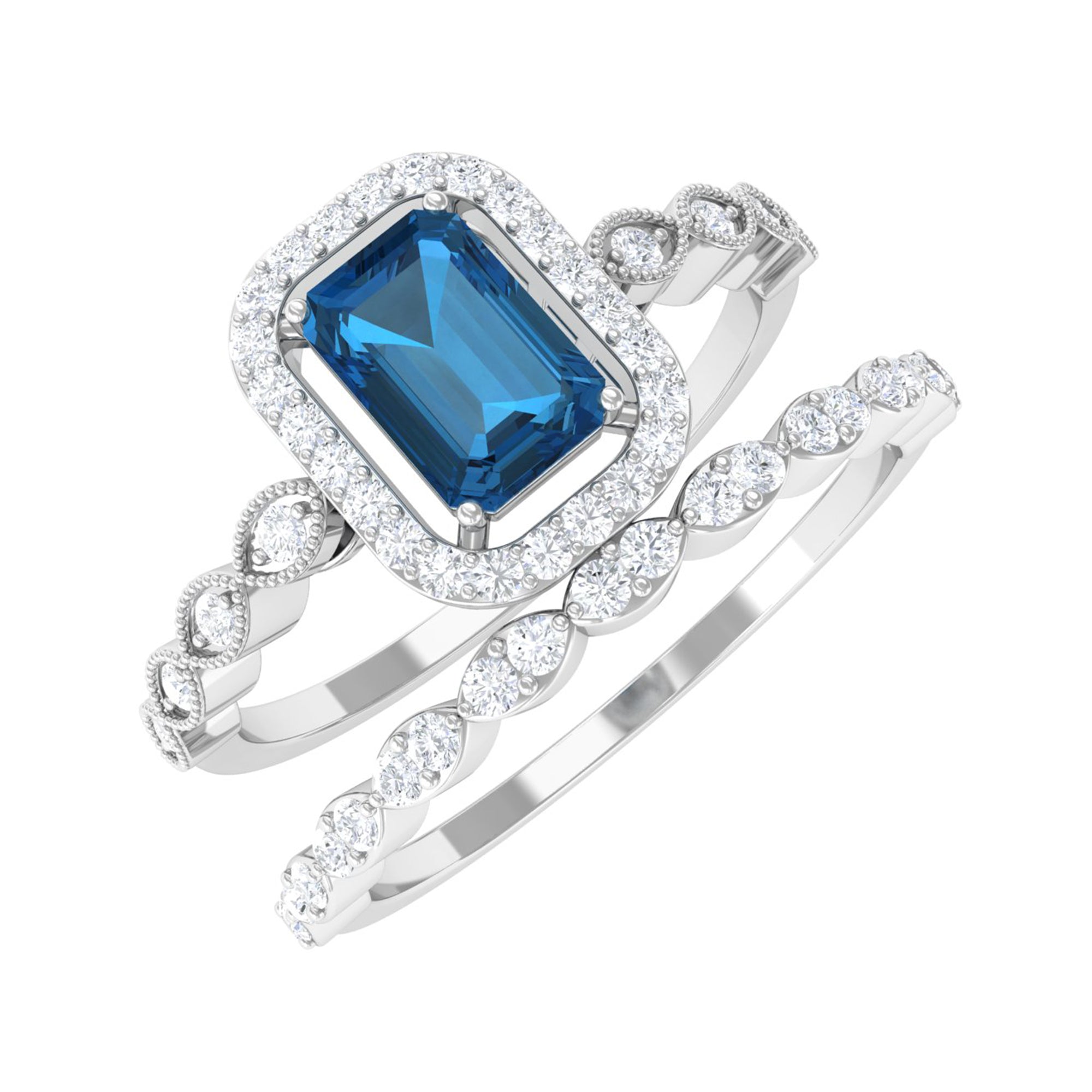 Octagon Cut London Blue Topaz and Diamond Designer Ring Set London Blue Topaz - ( AAA ) - Quality - Rosec Jewels