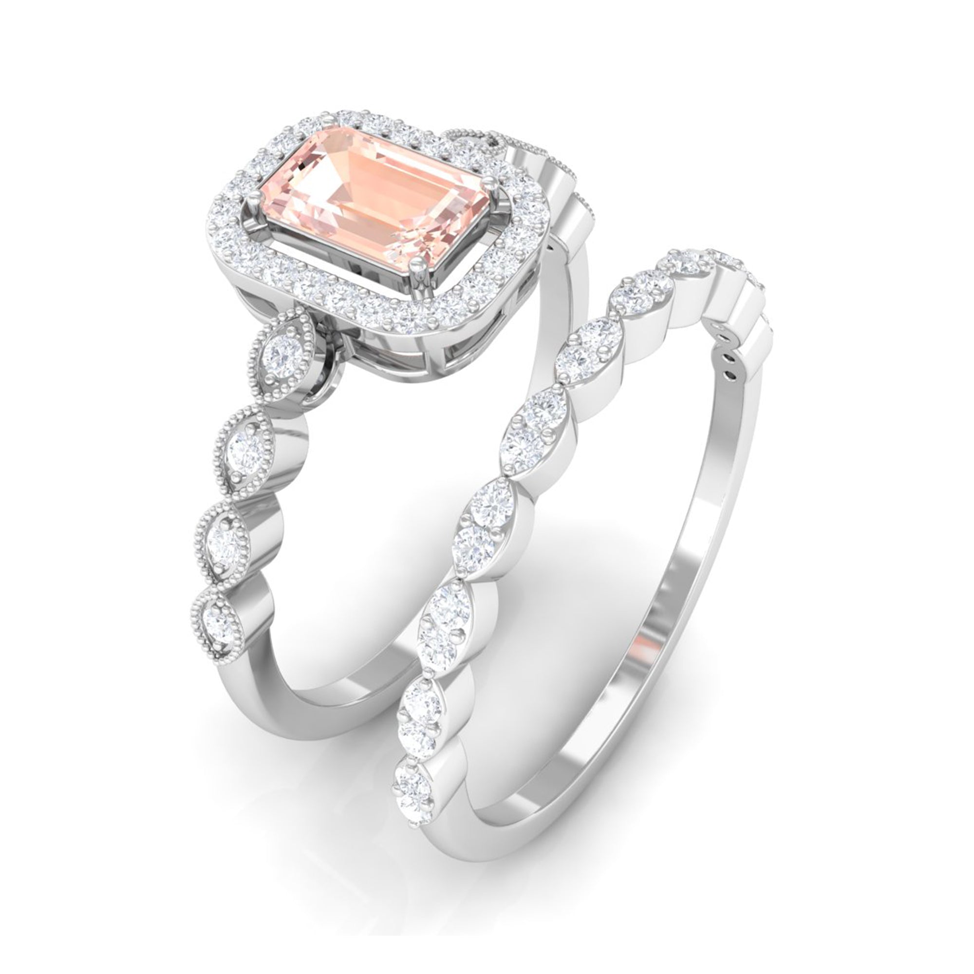 Emerald Cut Morganite and Diamond Designer Ring Set Morganite - ( AAA ) - Quality - Rosec Jewels