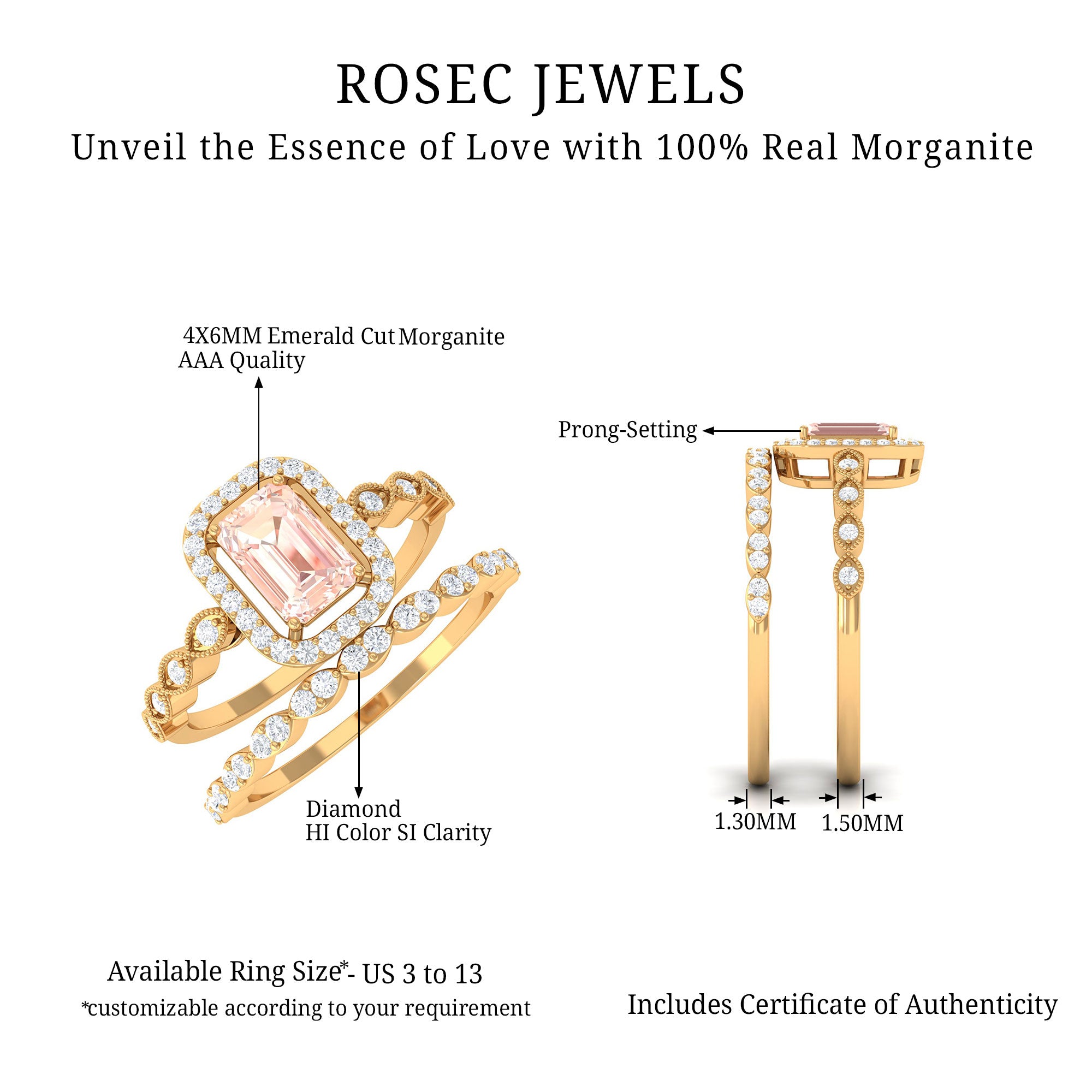 Emerald Cut Morganite and Diamond Designer Ring Set Morganite - ( AAA ) - Quality - Rosec Jewels