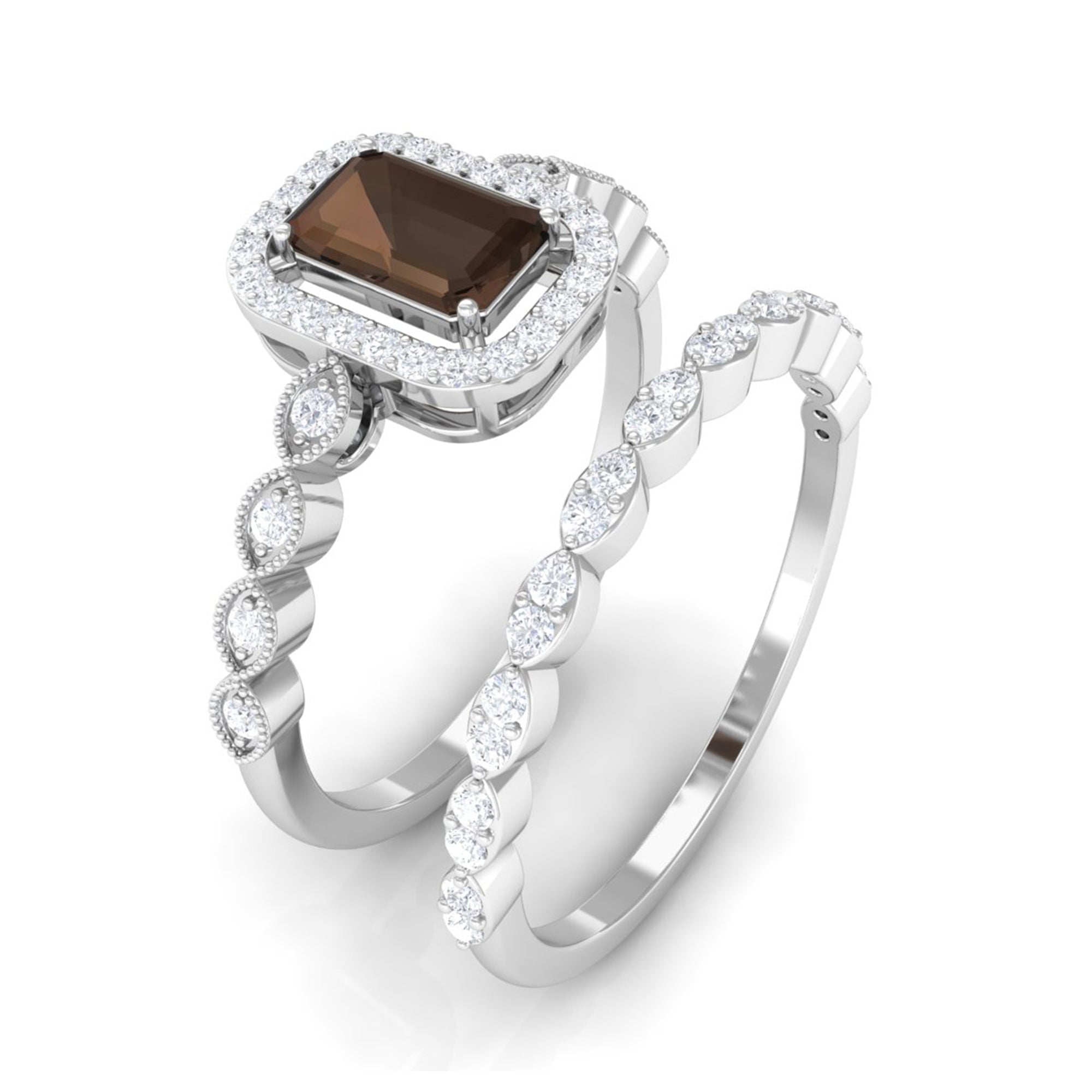 Octagon Cut Smoky Quartz and Diamond Designer Ring Set Smoky Quartz - ( AAA ) - Quality - Rosec Jewels