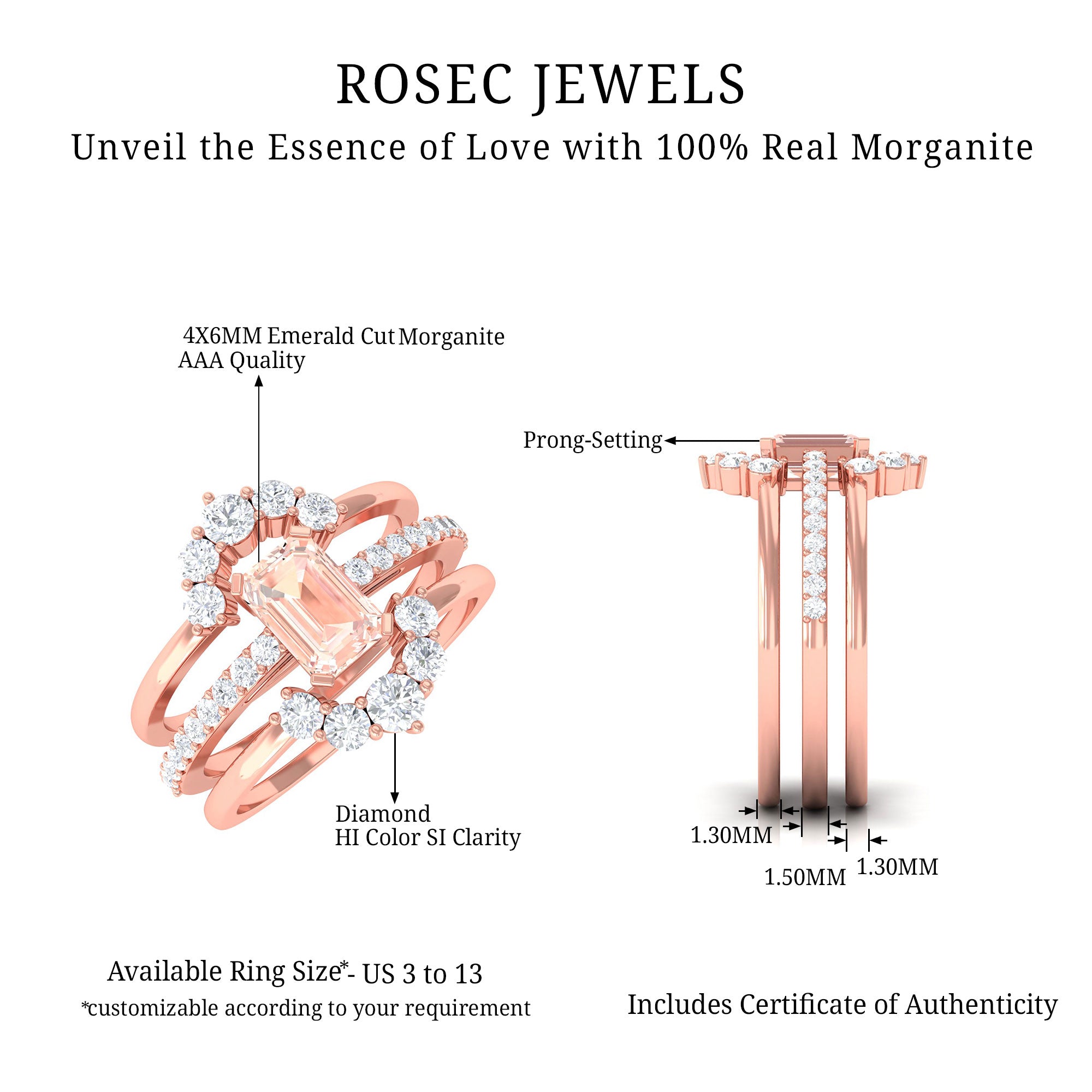 Real Morganite Solitaire Trio Ring Set with Diamond Morganite - ( AAA ) - Quality - Rosec Jewels