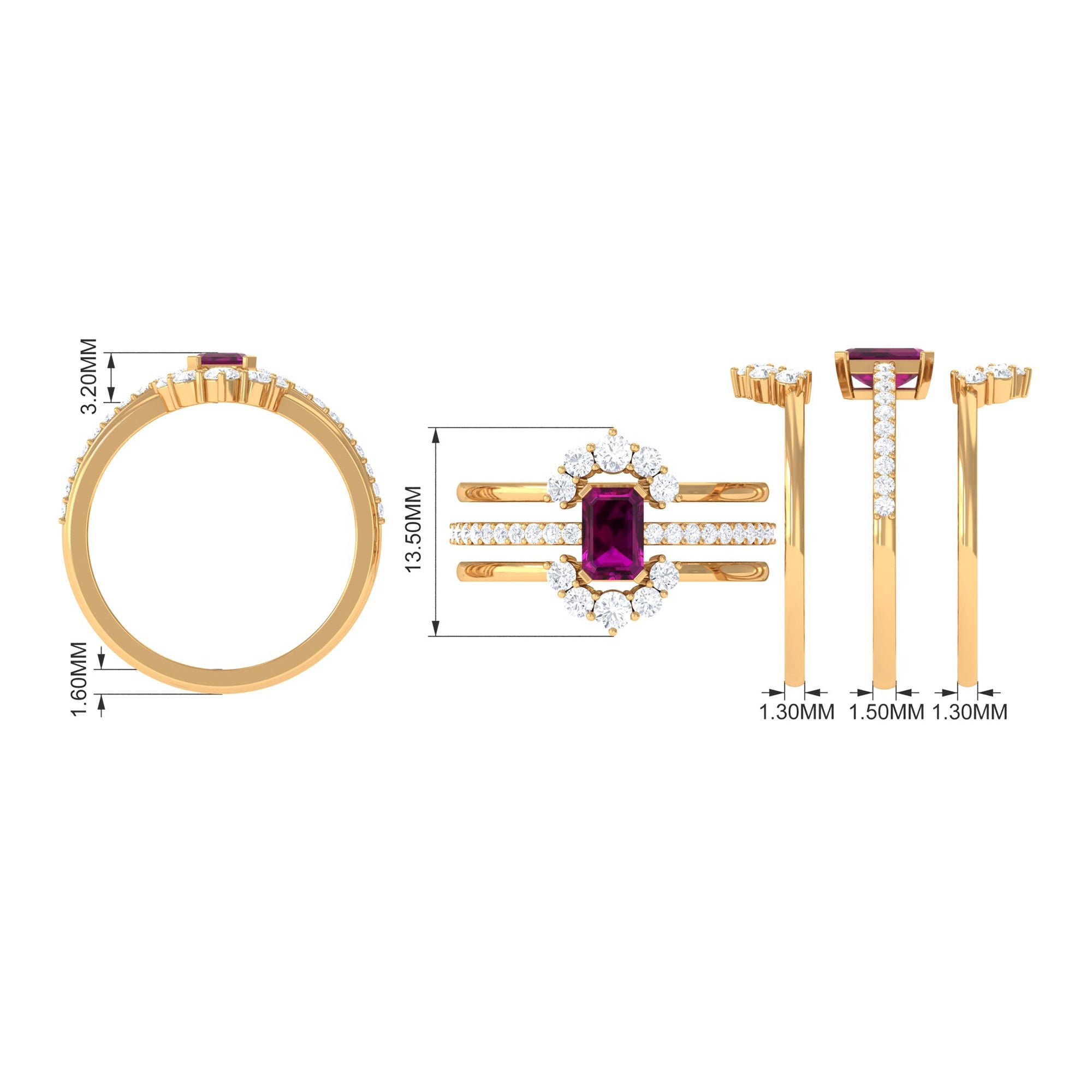 2.50 CT Real Rhodolite Solitaire Trio Ring Set with Moissanite Rhodolite - ( AAA ) - Quality - Rosec Jewels