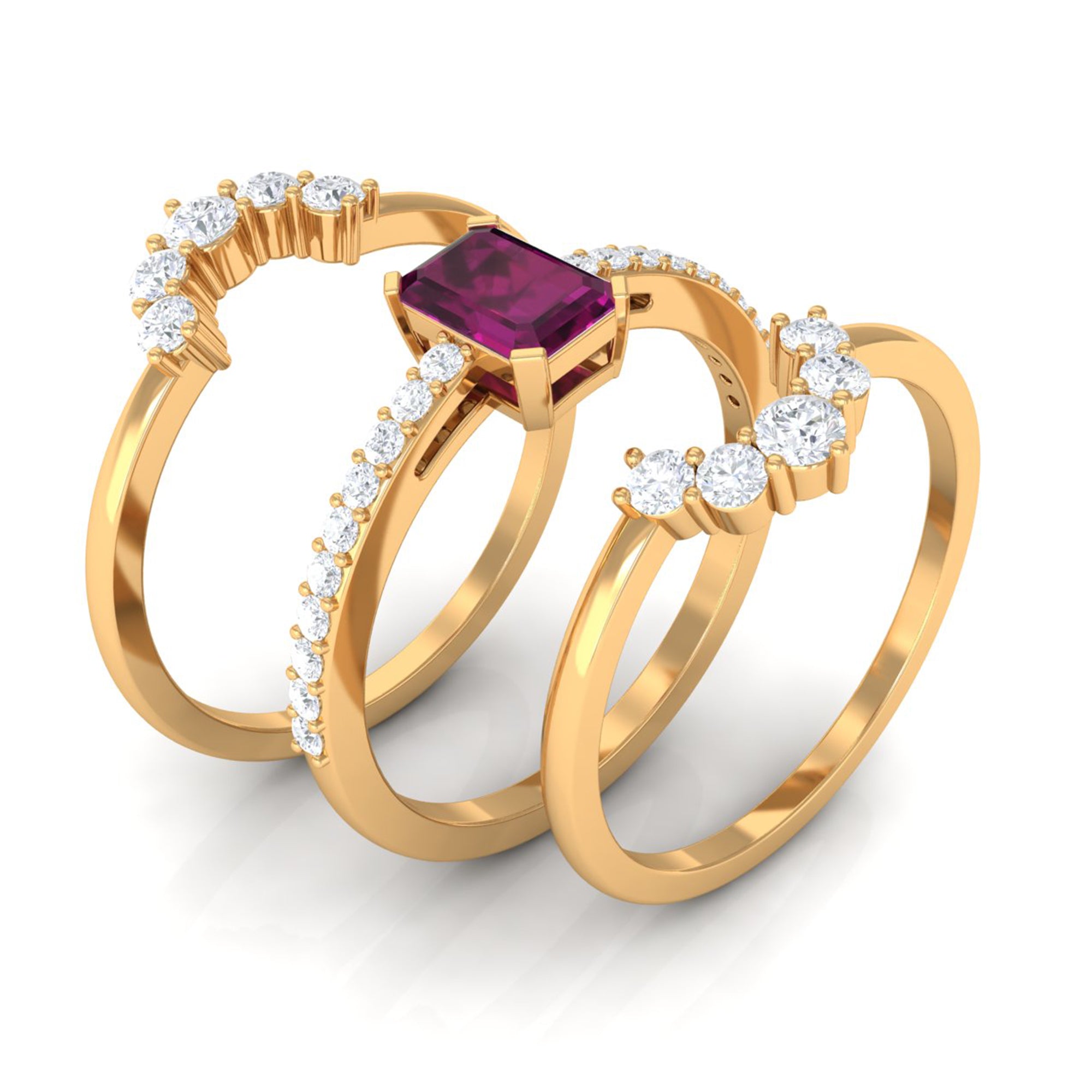 2.50 CT Real Rhodolite Solitaire Trio Ring Set with Moissanite Rhodolite - ( AAA ) - Quality - Rosec Jewels