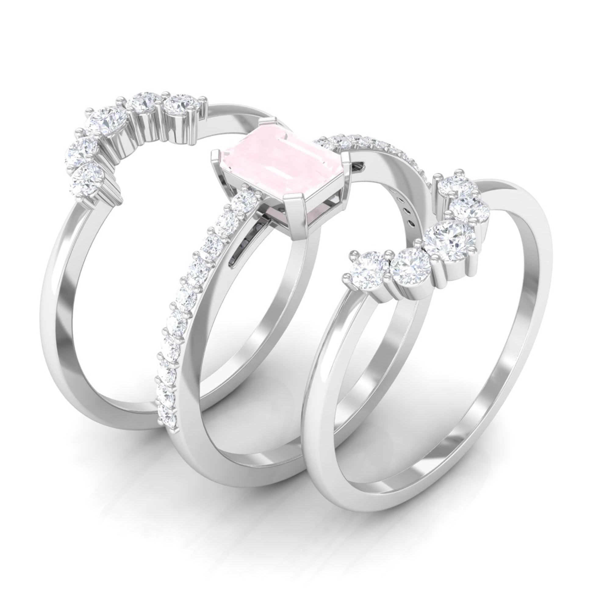 Rose Quartz Solitaire Trio Ring Set with Moissanite Rose Quartz - ( AAA ) - Quality - Rosec Jewels