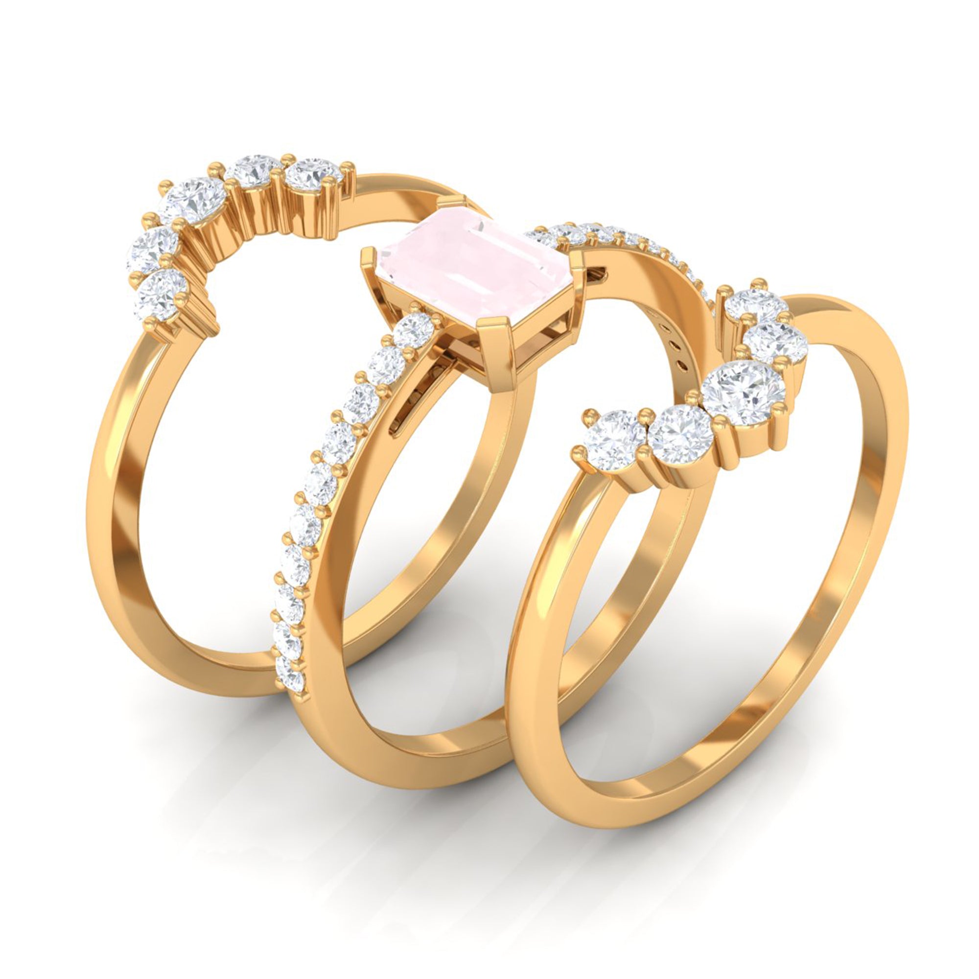 Rose Quartz Solitaire Trio Ring Set with Moissanite Rose Quartz - ( AAA ) - Quality - Rosec Jewels