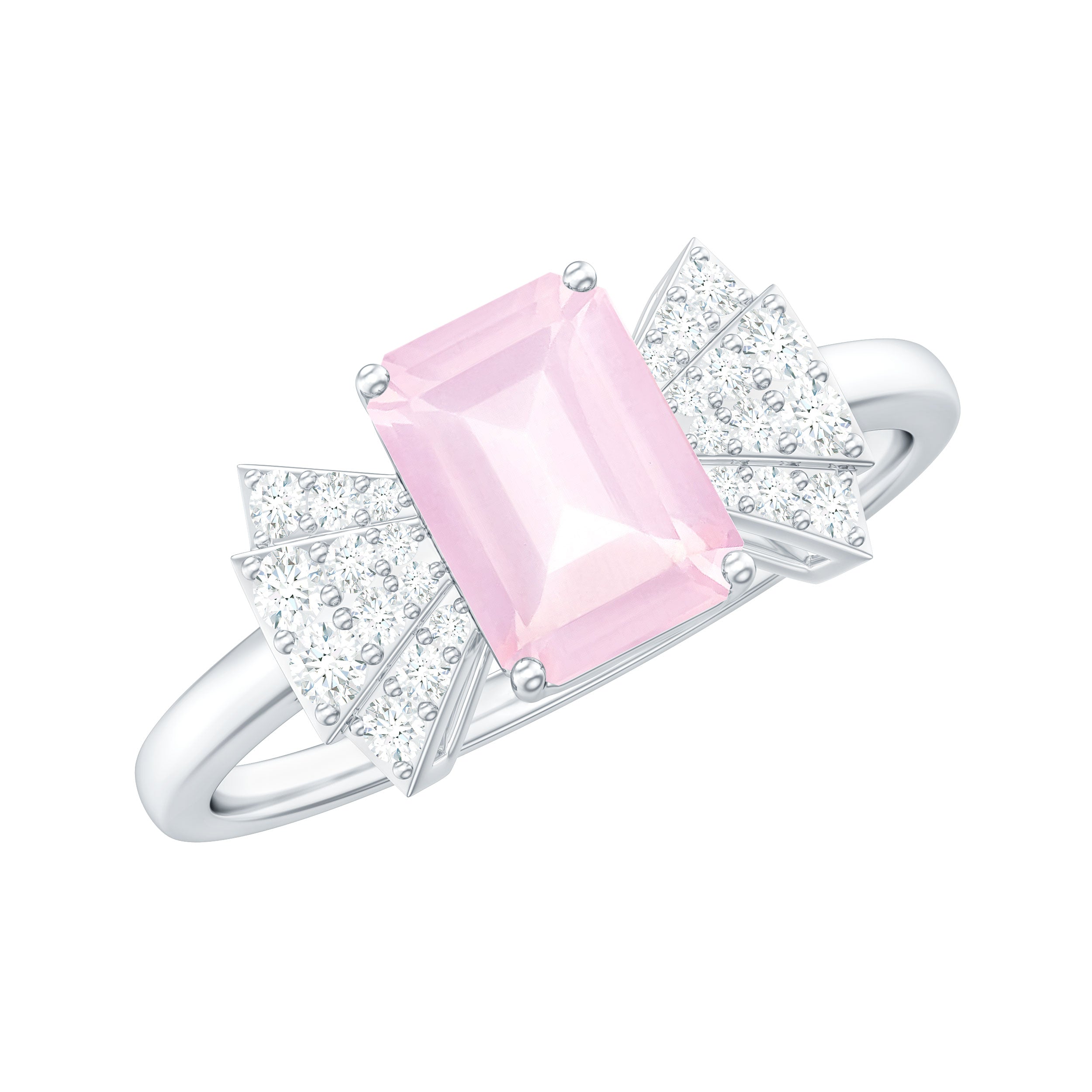 Octagon Cut Rose Quartz and Diamond Solitaire Engagement Ring Rose Quartz - ( AAA ) - Quality - Rosec Jewels