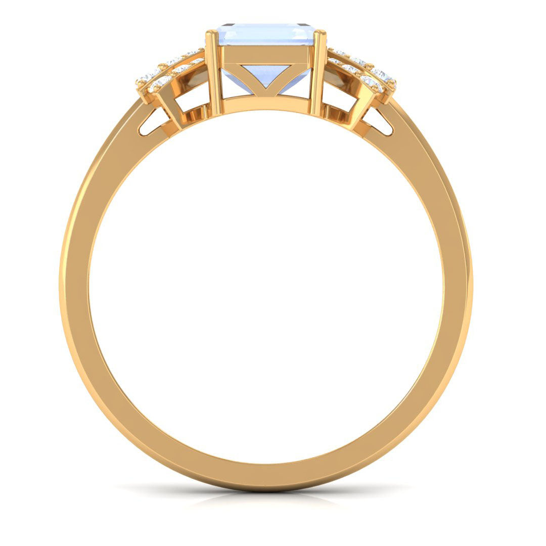 Emerald Cut Moonstone Designer Solitaire Ring with Diamond Moonstone - ( AAA ) - Quality - Rosec Jewels