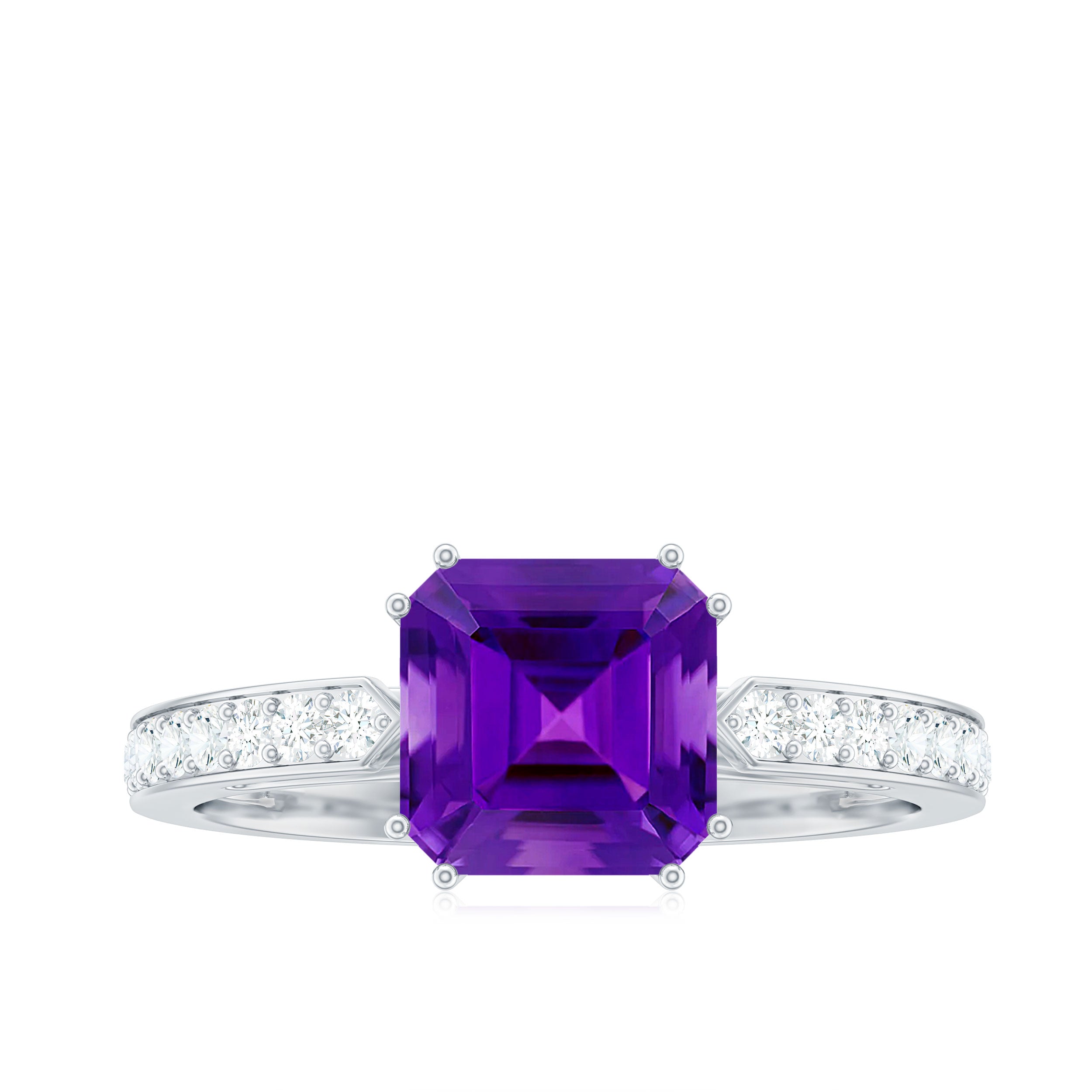 Asscher Cut Amethyst Solitaire Ring with Diamond Side Stones Amethyst - ( AAA ) - Quality - Rosec Jewels