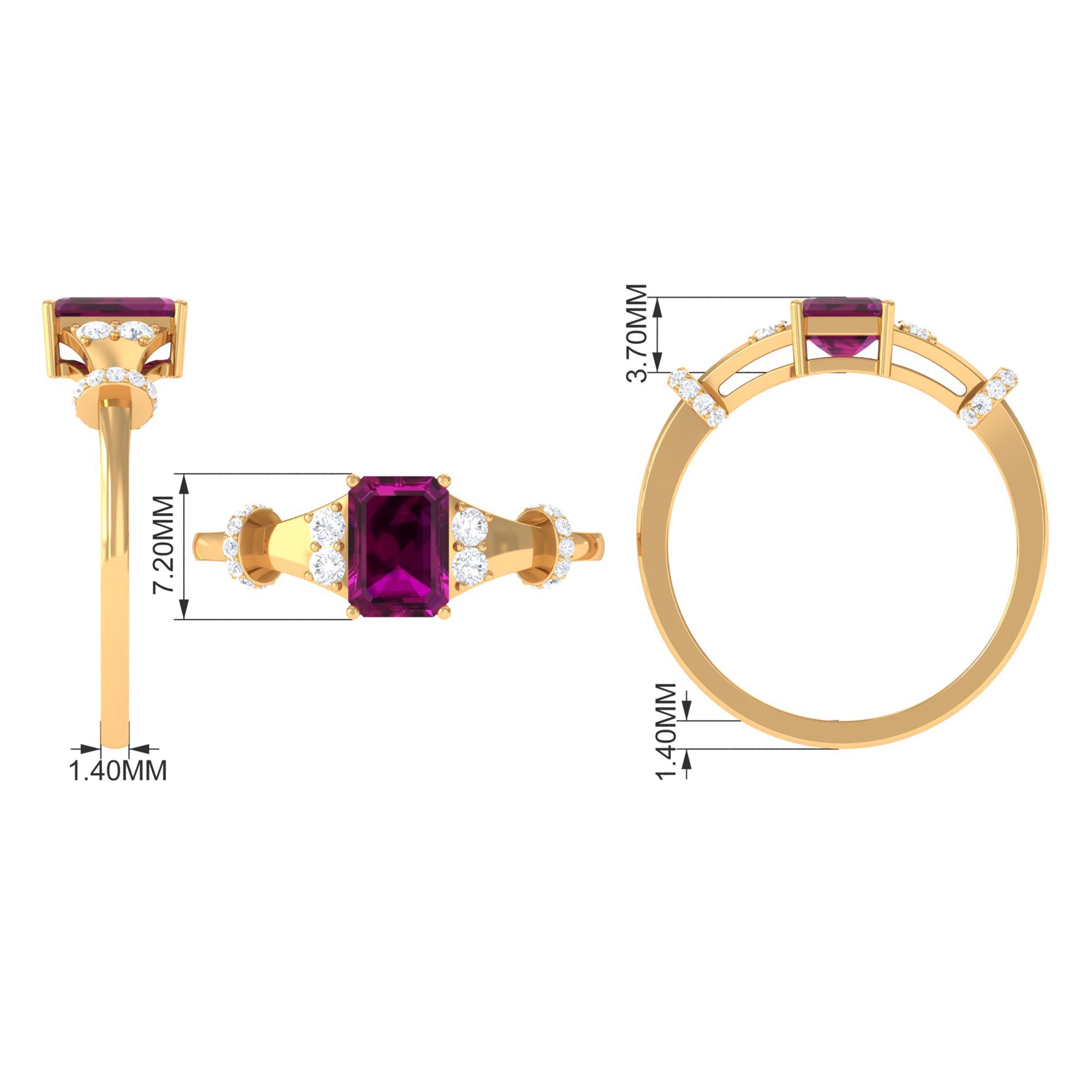 Emerald Cut Solitaire Rhodolite Ring with Diamond Rhodolite - ( AAA ) - Quality - Rosec Jewels