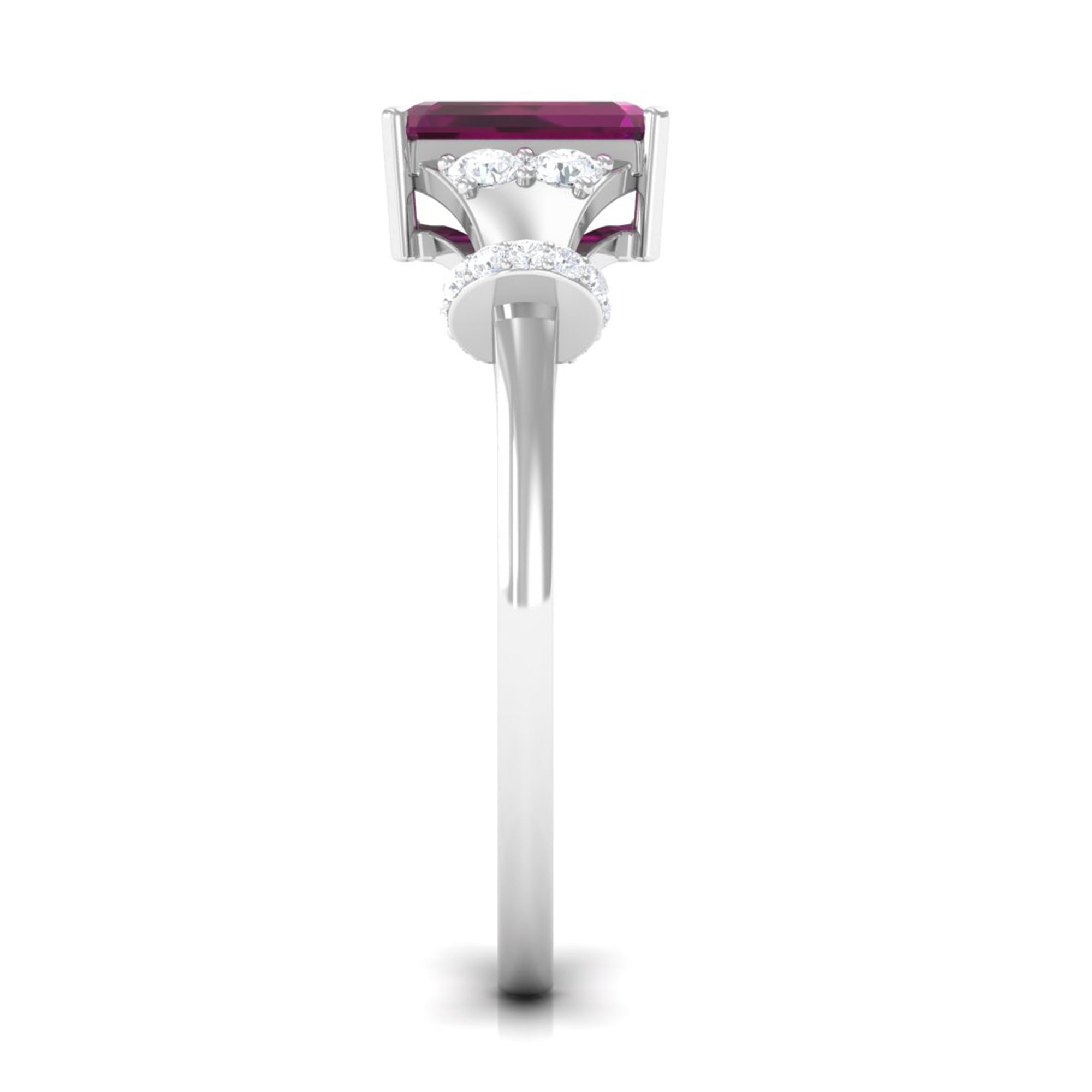 Emerald Cut Solitaire Rhodolite Ring with Diamond Rhodolite - ( AAA ) - Quality - Rosec Jewels