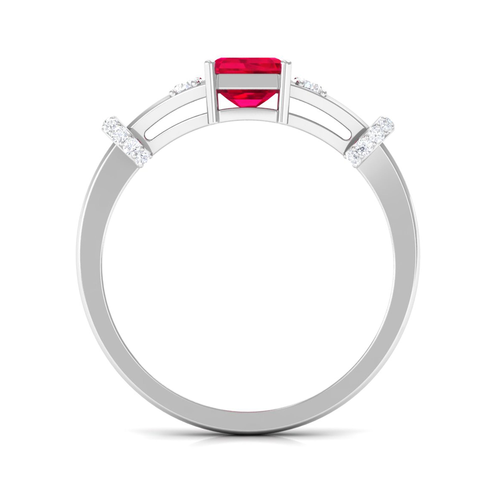 Emerald Cut Solitaire Created Ruby Ring with Diamond Lab Created Ruby - ( AAAA ) - Quality - Rosec Jewels