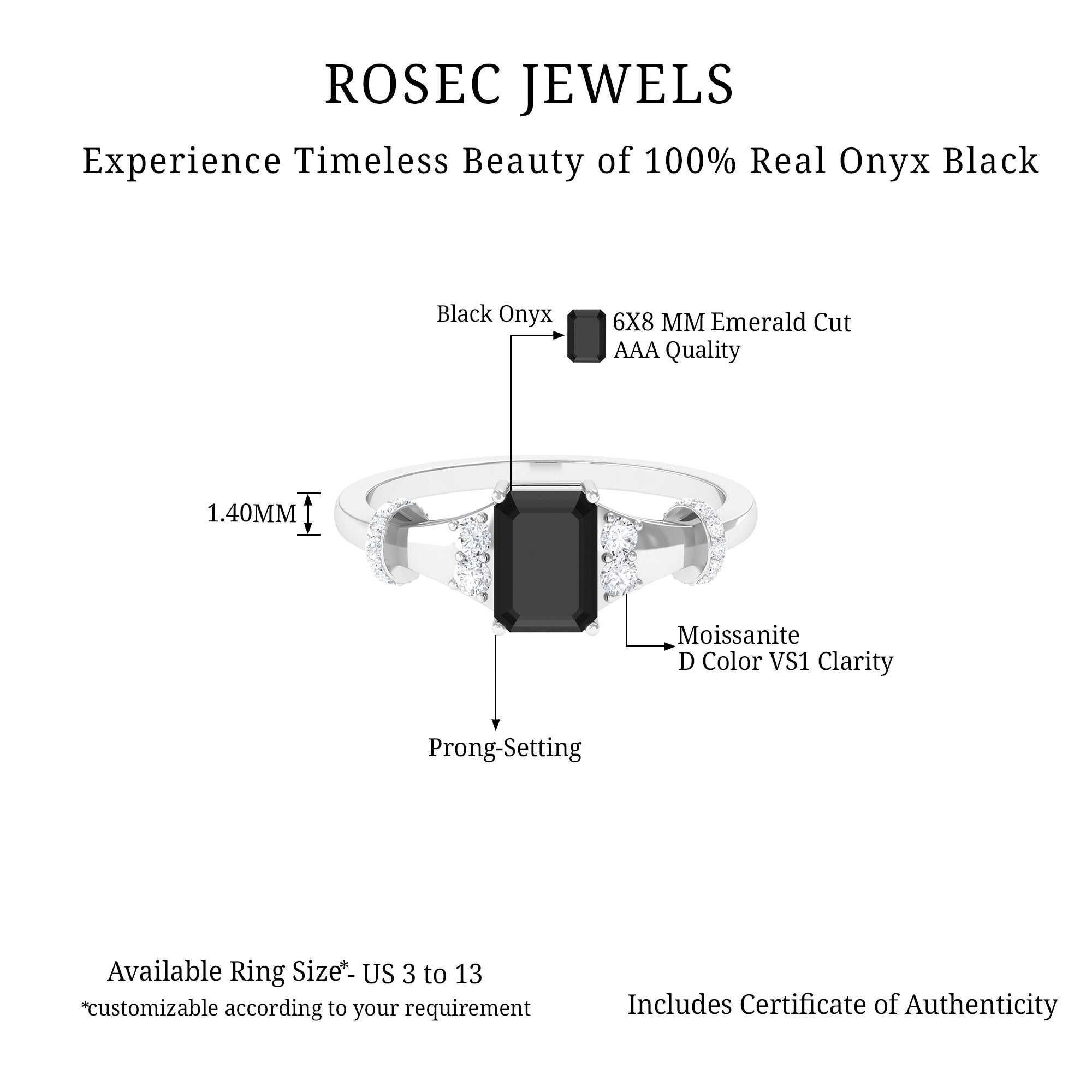 Emerald Cut Black Onyx Solitaire Ring with Moissanite Black Onyx - ( AAA ) - Quality 92.5 Sterling Silver 9 - Rosec Jewels