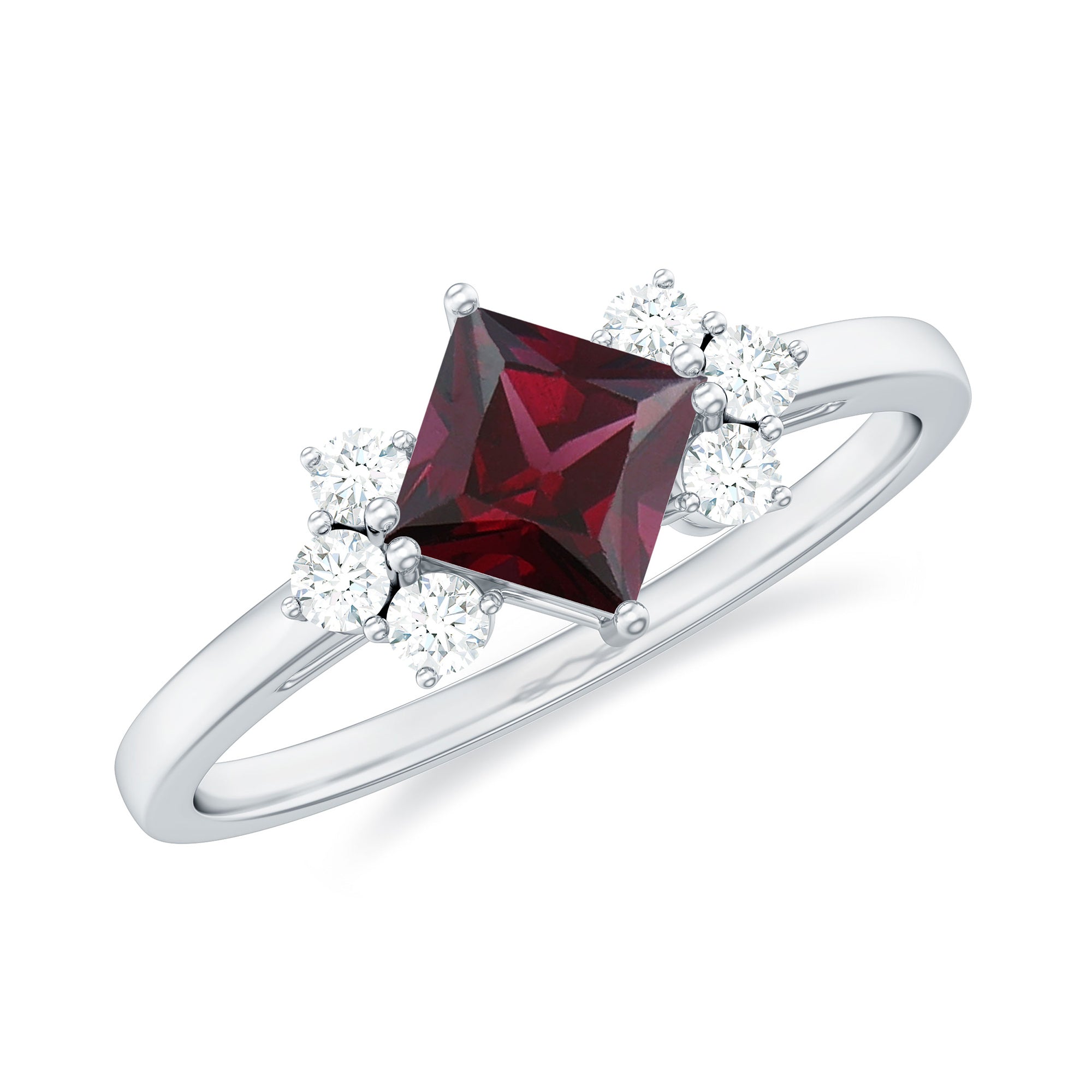 1 CT Princess Cut Rhodolite Promise Ring with Diamond Trio Rhodolite - ( AAA ) - Quality - Rosec Jewels