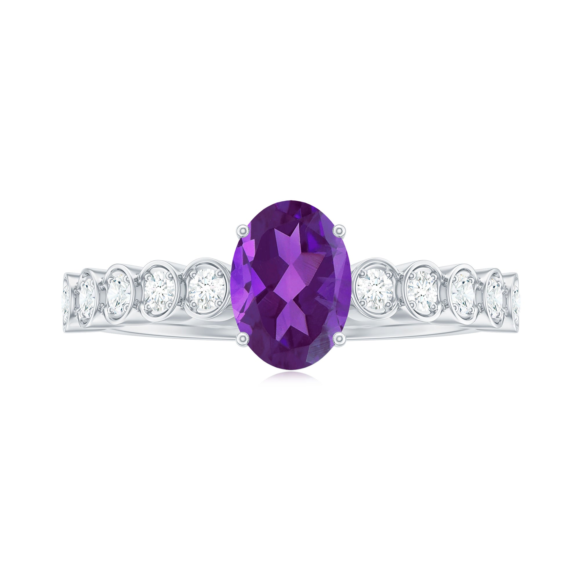 Real Oval Amethyst Solitaire Engagement Ring with Diamond Amethyst - ( AAA ) - Quality - Rosec Jewels