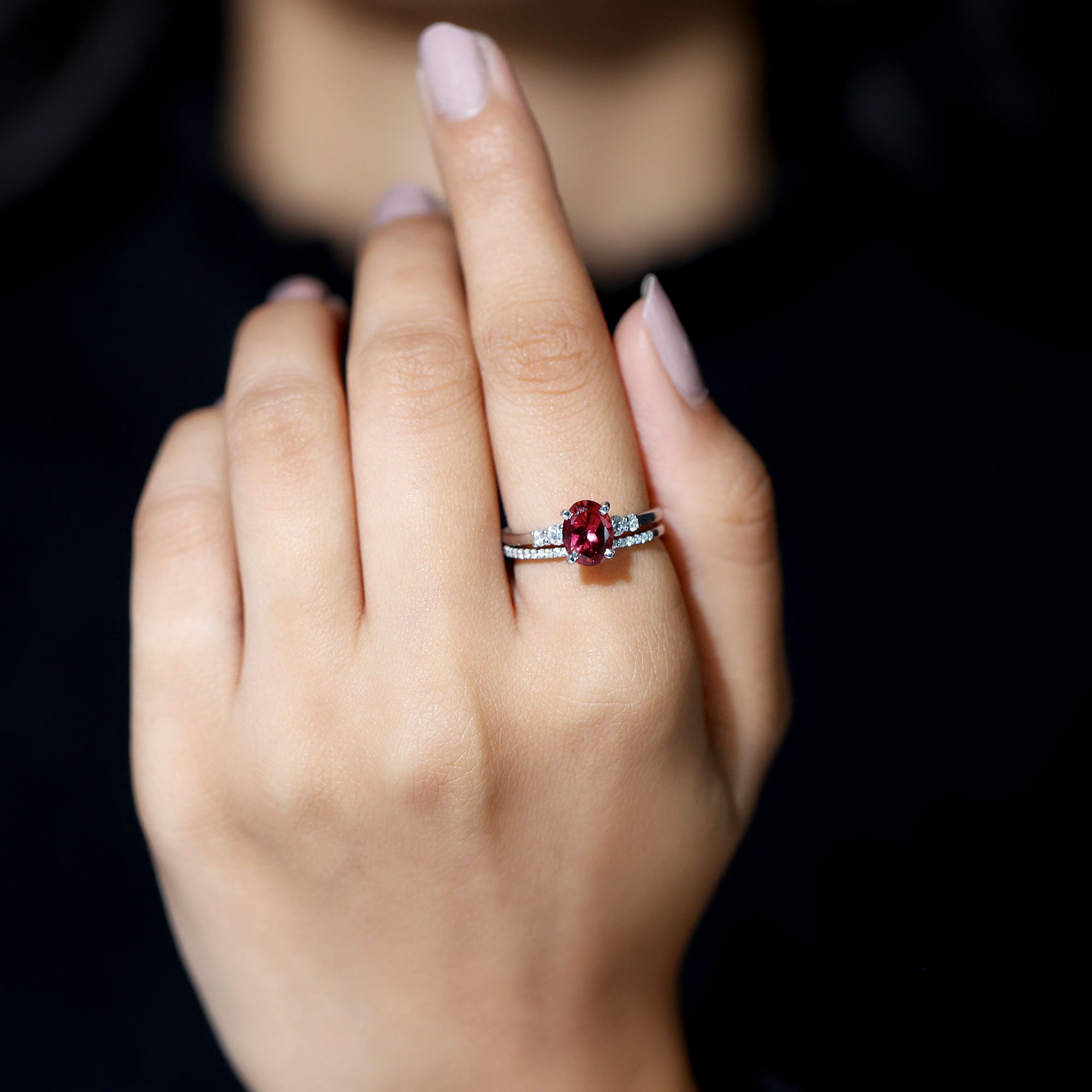 Oval Pink tourmaline Solitaire Ring Set with Moissanite Pink Tourmaline - ( AAA ) - Quality 92.5 Sterling Silver 6.5 - Rosec Jewels