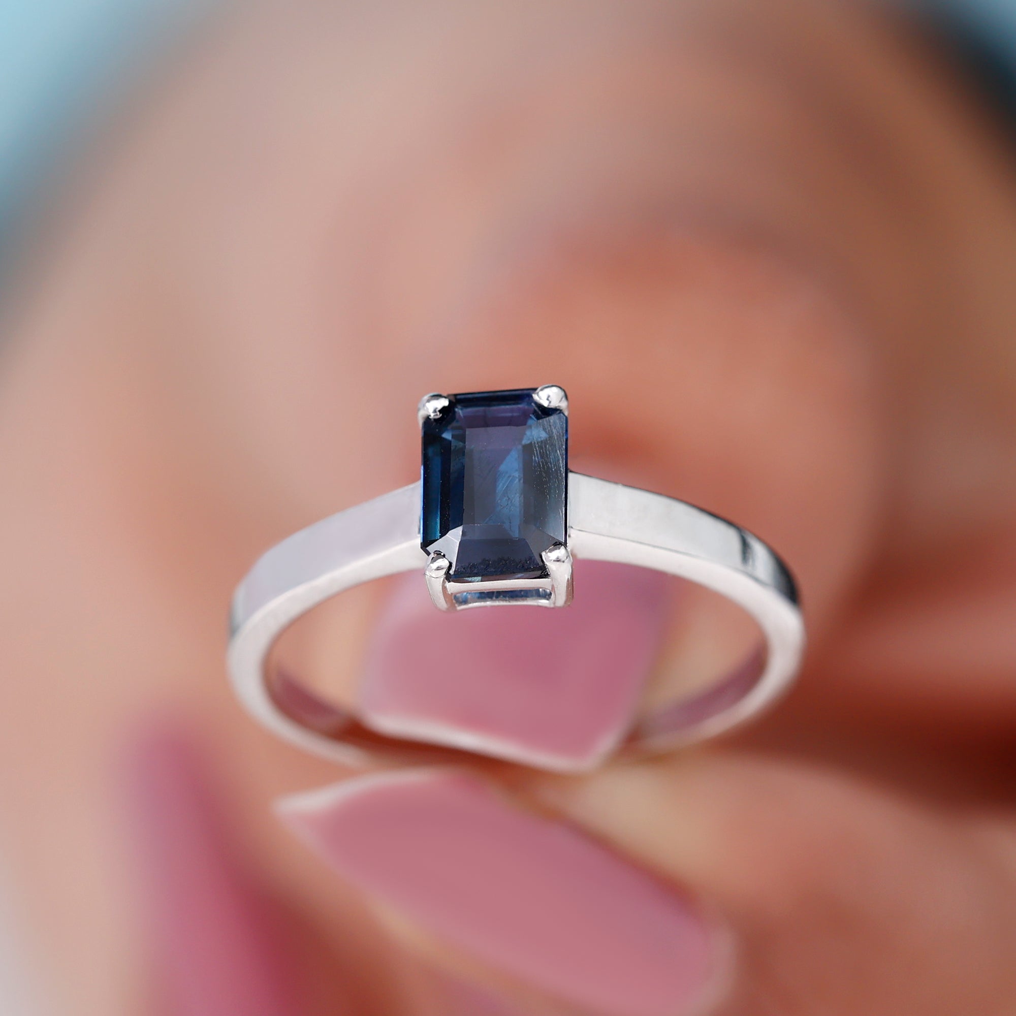 Octagon Cut Lab Created Blue Sapphire Solitaire Ring Lab Created Blue Sapphire - ( AAAA ) - Quality - Rosec Jewels