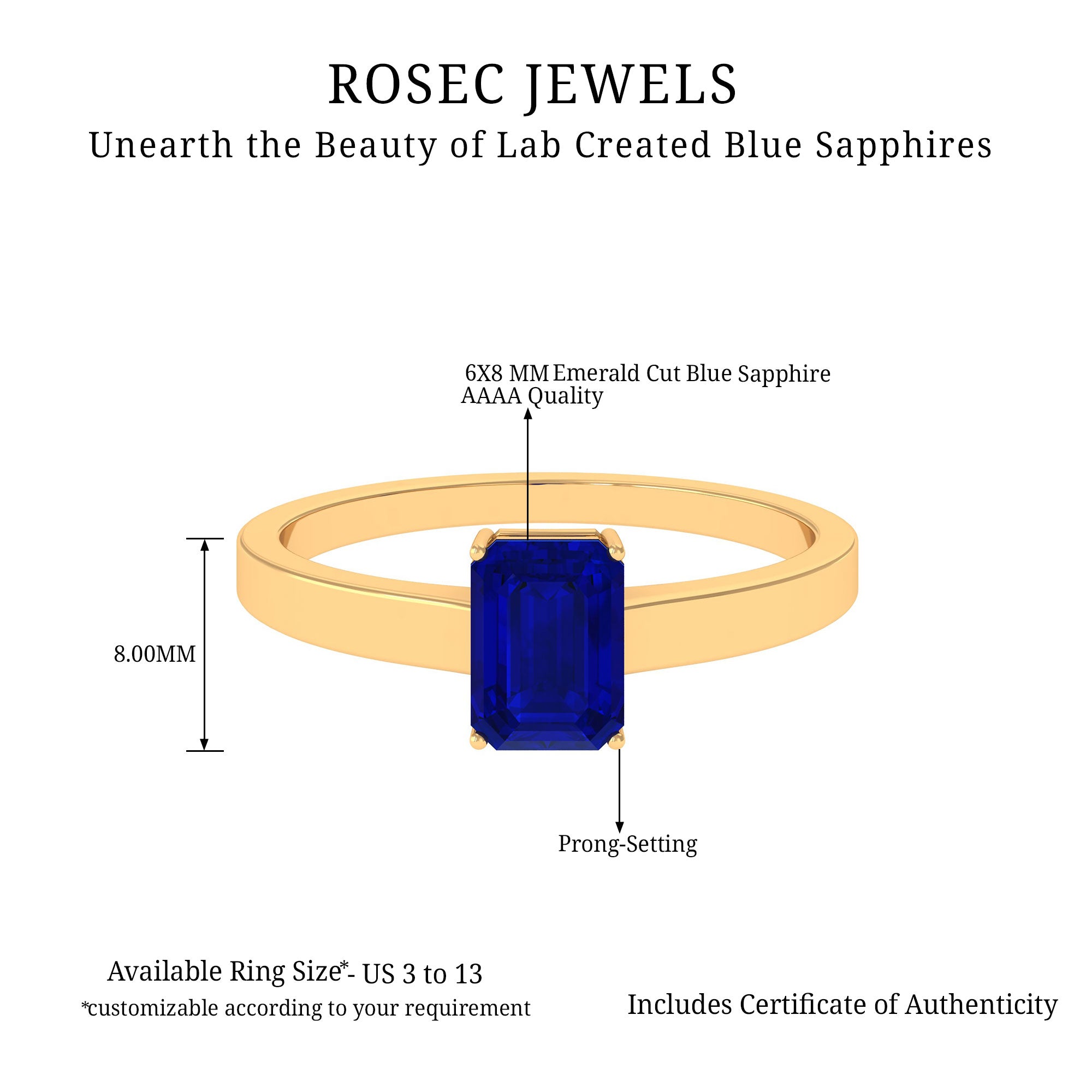 Octagon Cut Lab Created Blue Sapphire Solitaire Ring Lab Created Blue Sapphire - ( AAAA ) - Quality - Rosec Jewels