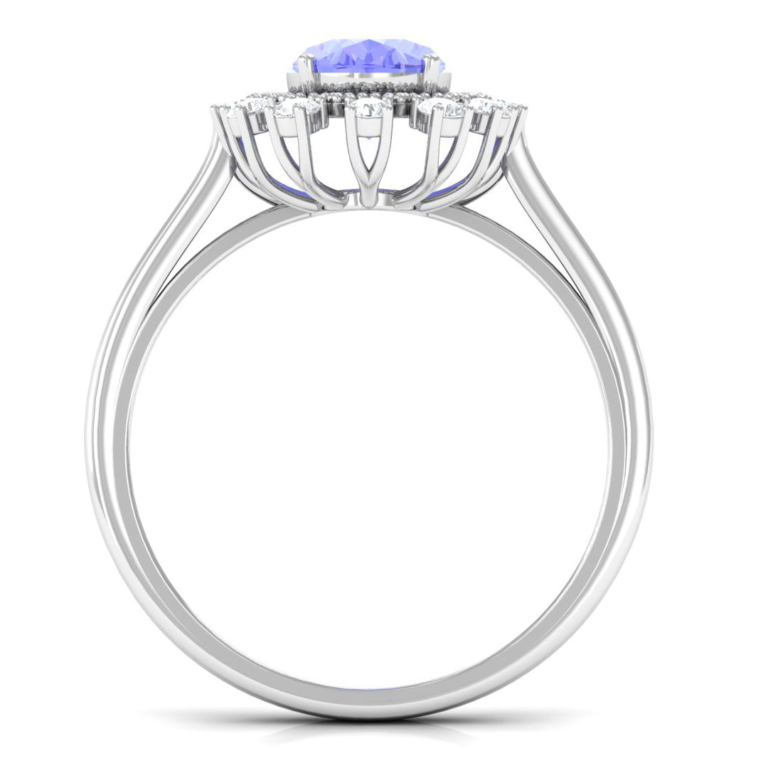 Vintage Inspired Oval Tanzanite and Diamond Halo Ring Tanzanite - ( AAA ) - Quality - Rosec Jewels