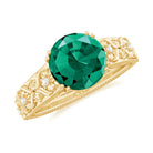 Round Created Emerald Floral Engagement Ring with Diamond Lab Created Emerald - ( AAAA ) - Quality - Rosec Jewels