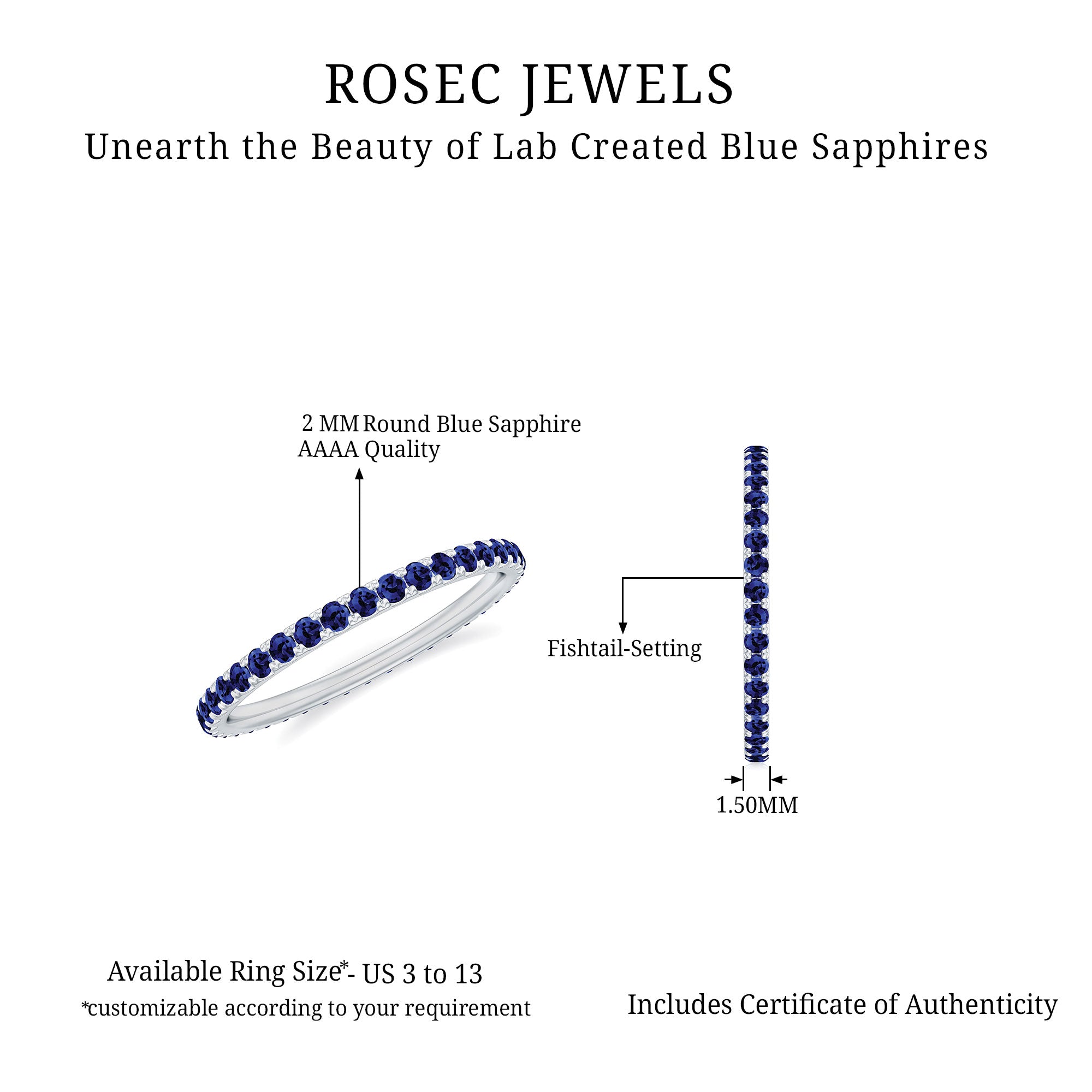 Lab Grown Blue Sapphire Full Eternity Band Ring Lab Created Blue Sapphire - ( AAAA ) - Quality - Rosec Jewels