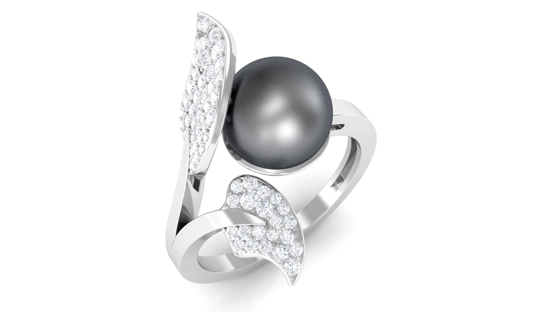 Round Tahitian Pearl and Diamond Leaf Engagement Ring Tahitian pearl - ( AAA ) - Quality - Rosec Jewels