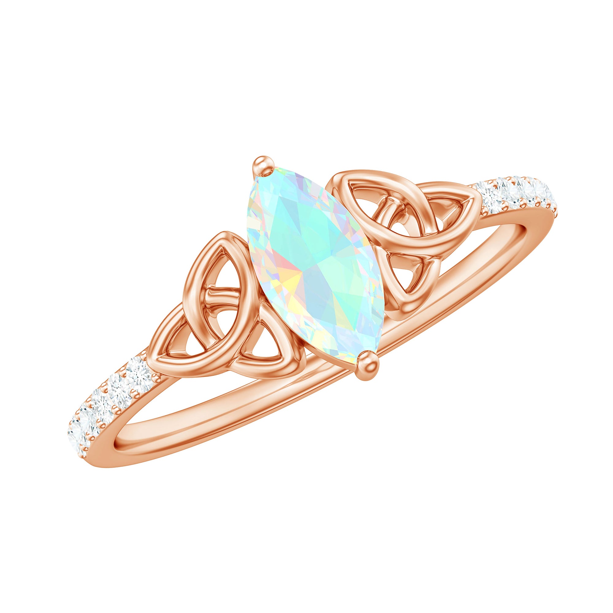 Gold Celtic Knot Solitaire Ring with Marquise Cut Ethiopian Opal and Moissanite Ethiopian Opal - ( AAA ) - Quality - Rosec Jewels