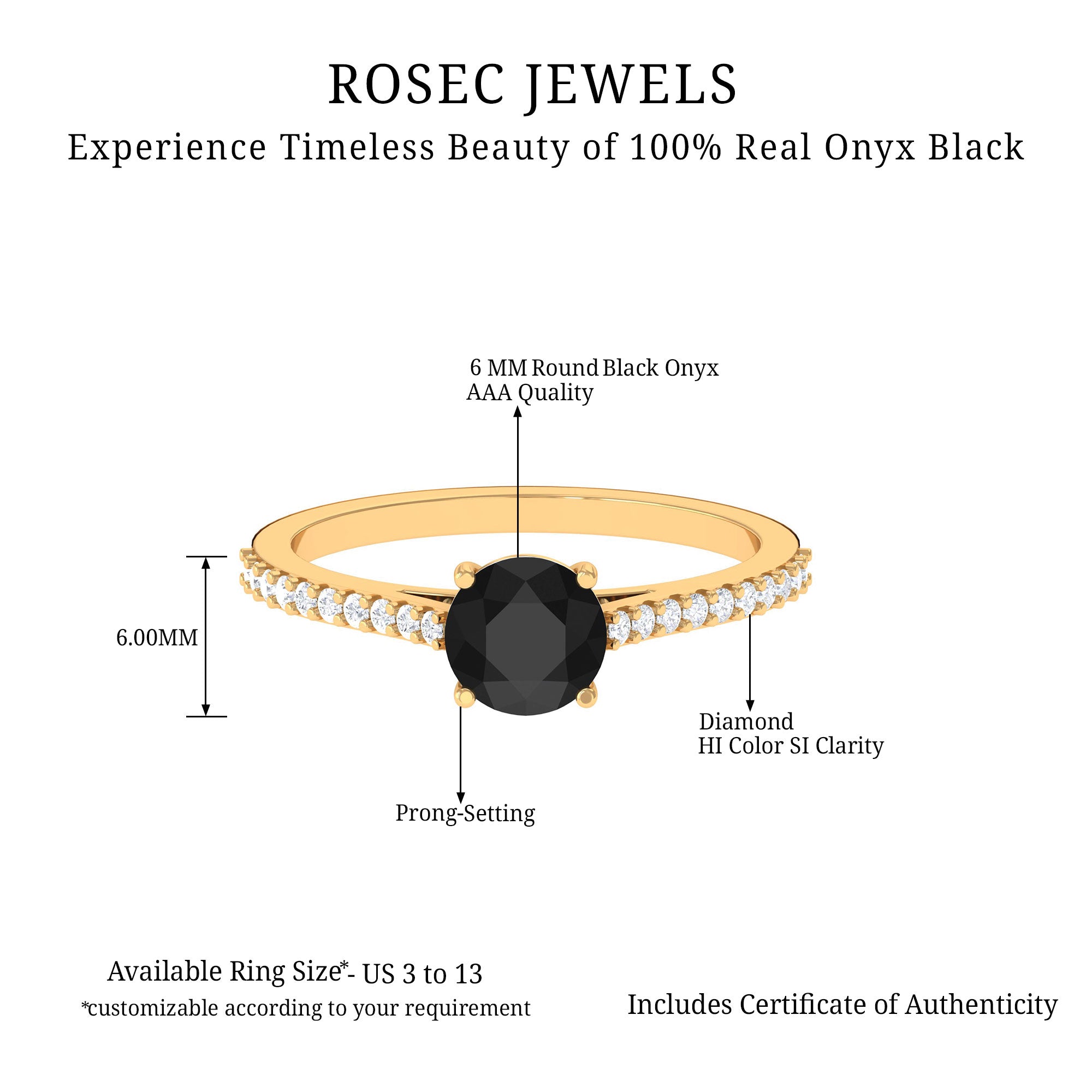 Round Black Onyx Solitaire Engagement Ring with Diamond Black Onyx - ( AAA ) - Quality - Rosec Jewels