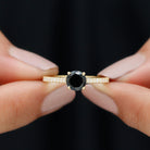 Round Black Onyx Solitaire Engagement Ring with Diamond Black Onyx - ( AAA ) - Quality - Rosec Jewels