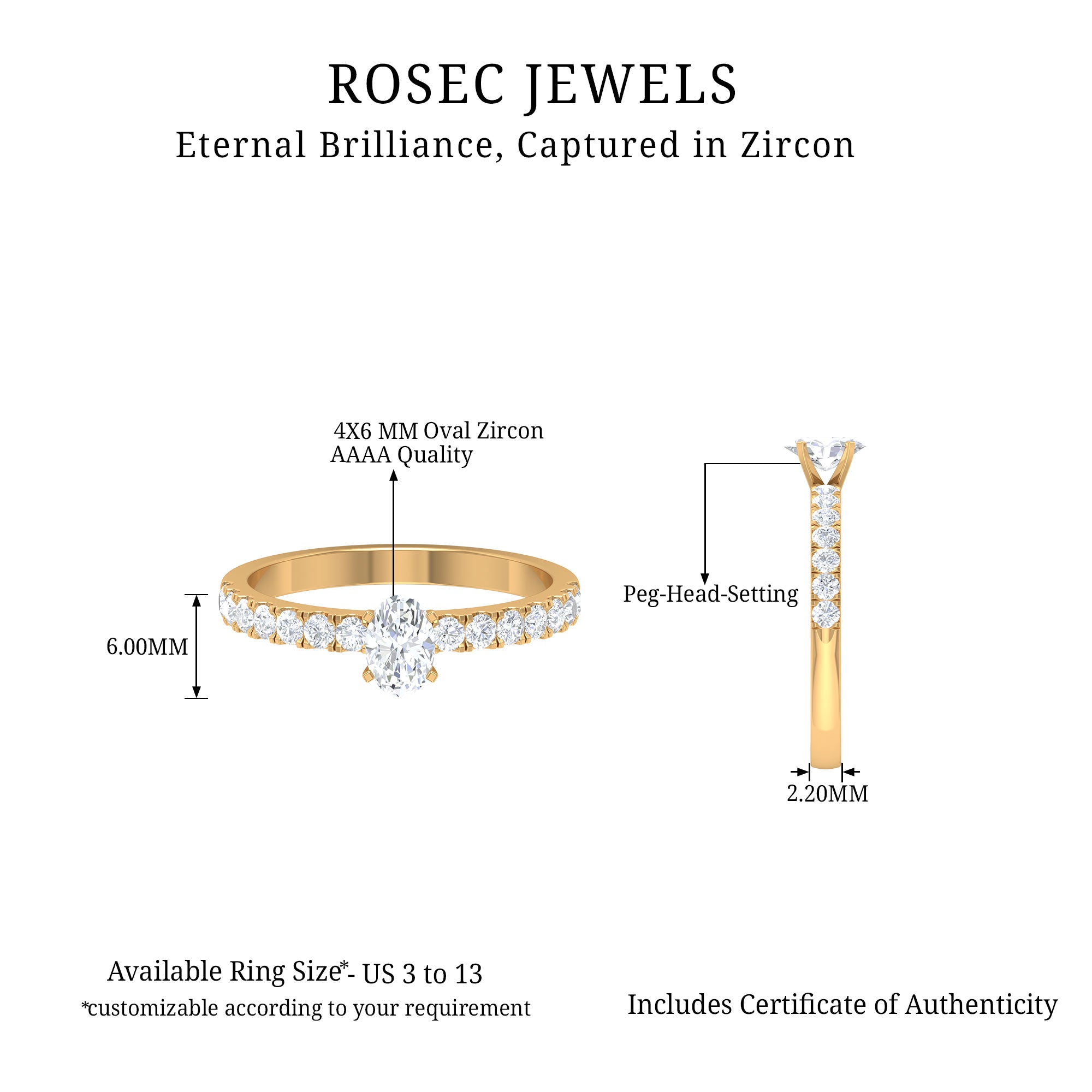 1.25 CT Zircon Solitaire Ring with Side Stones Zircon - ( AAAA ) - Quality - Rosec Jewels