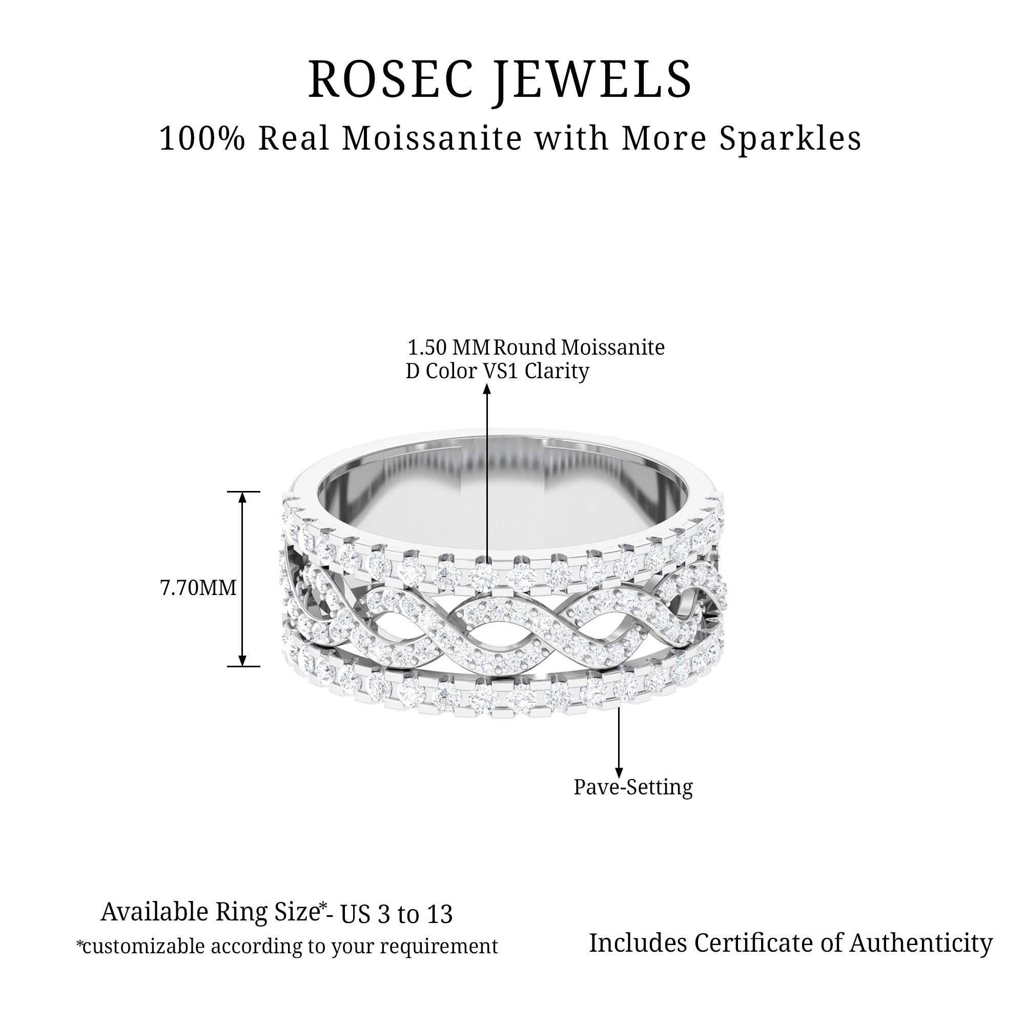 1 CT Designer Moissanite Twisted Wide Wedding Band in Gold Moissanite - ( D-VS1 ) - Color and Clarity - Rosec Jewels