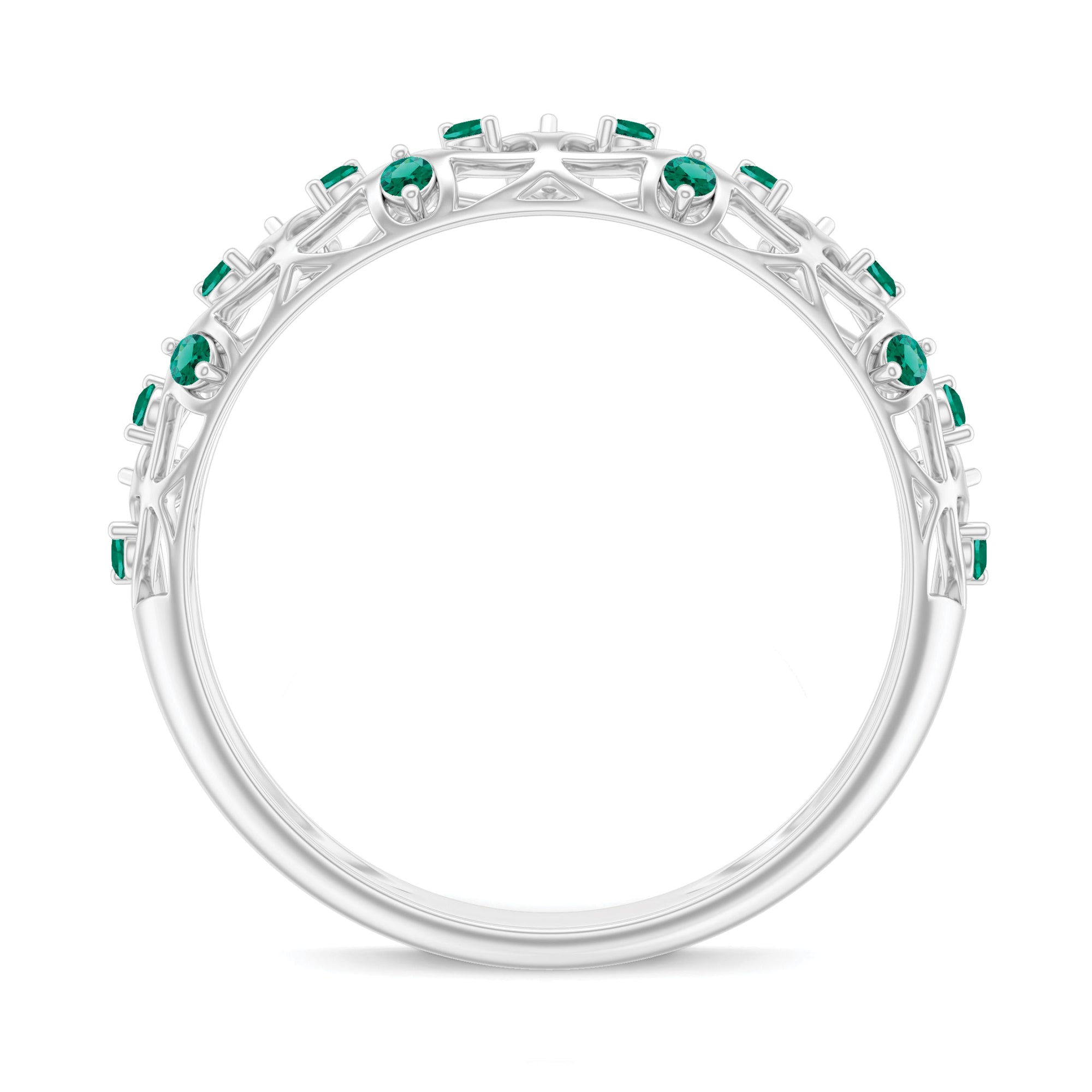 Round Created Emerald Semi Eternity Band Ring with Gold Filigree Details Lab Created Emerald - ( AAAA ) - Quality - Rosec Jewels