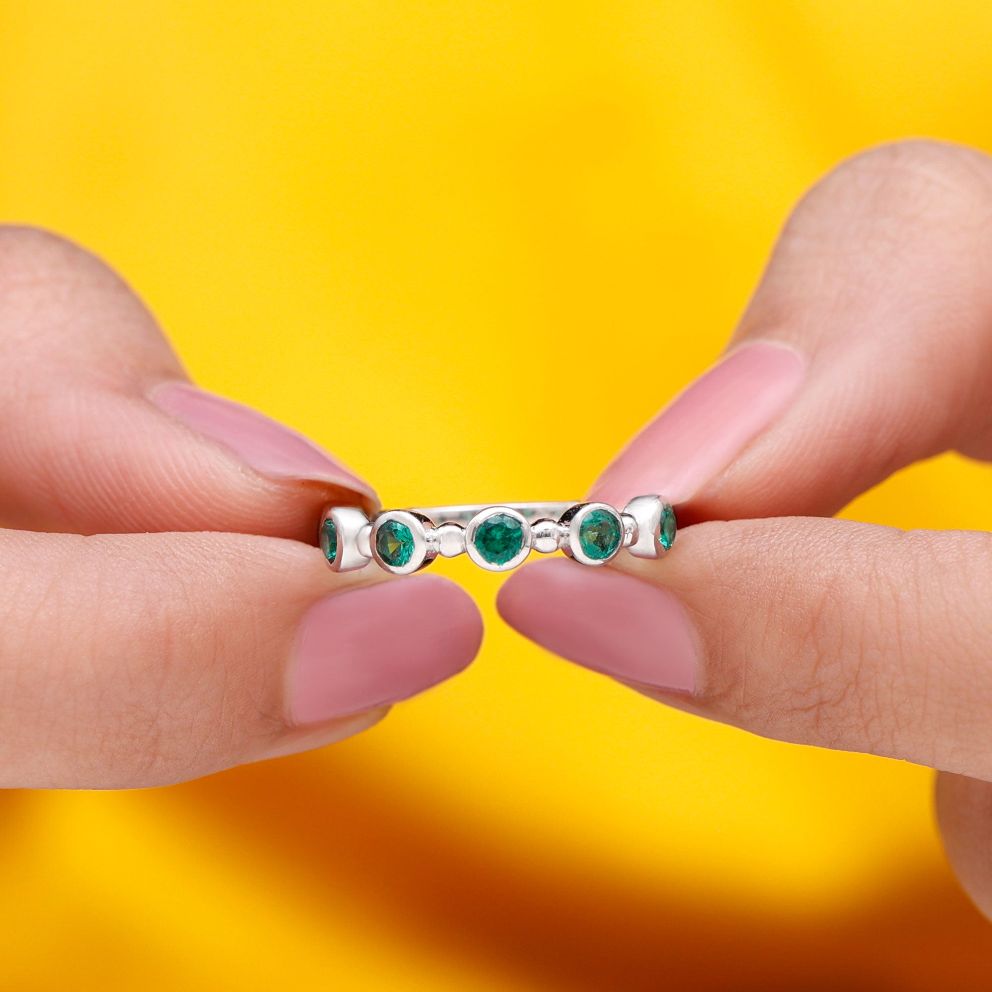 3/4 CT Created Emerald Stackable Ring with Beaded Details Lab Created Emerald - ( AAAA ) - Quality - Rosec Jewels