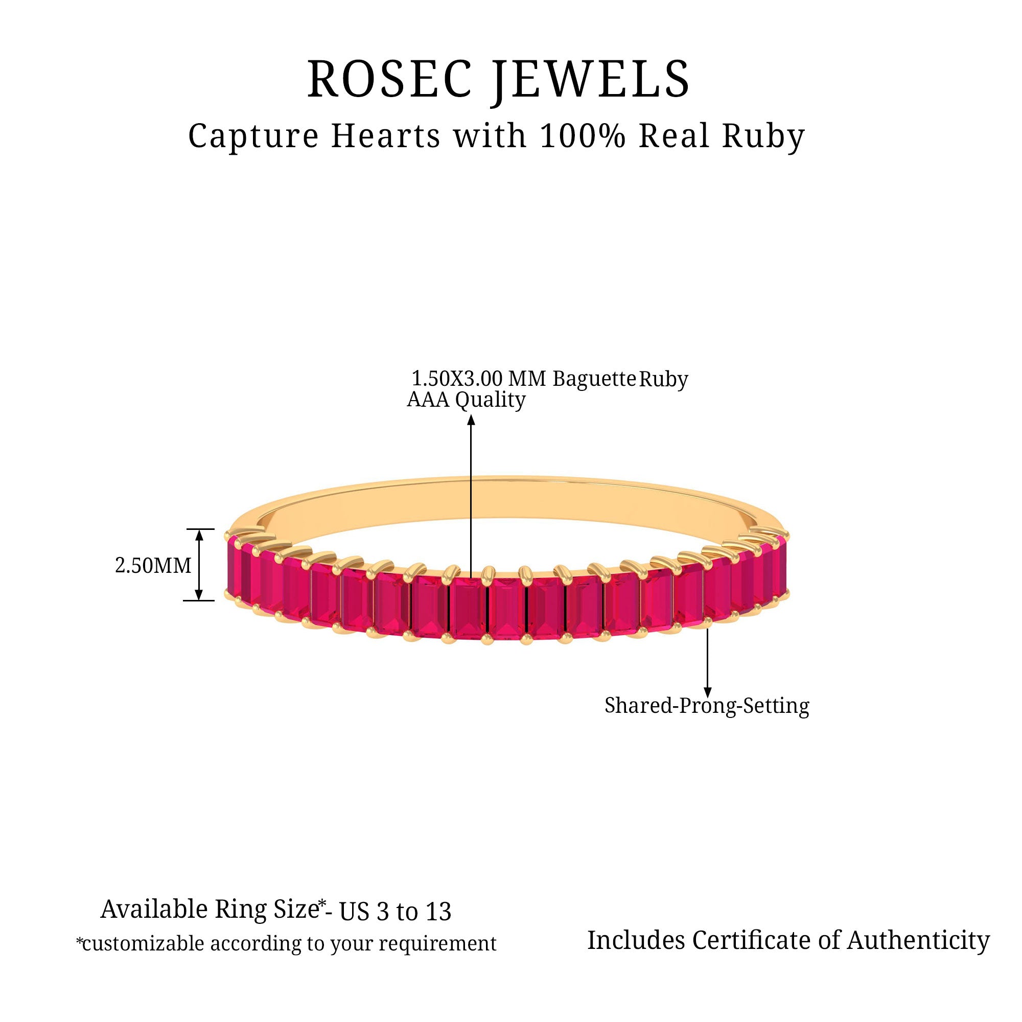 Baguette Cut Ruby Eternity Ring in Shared Prong Setting Ruby - ( AAA ) - Quality - Rosec Jewels