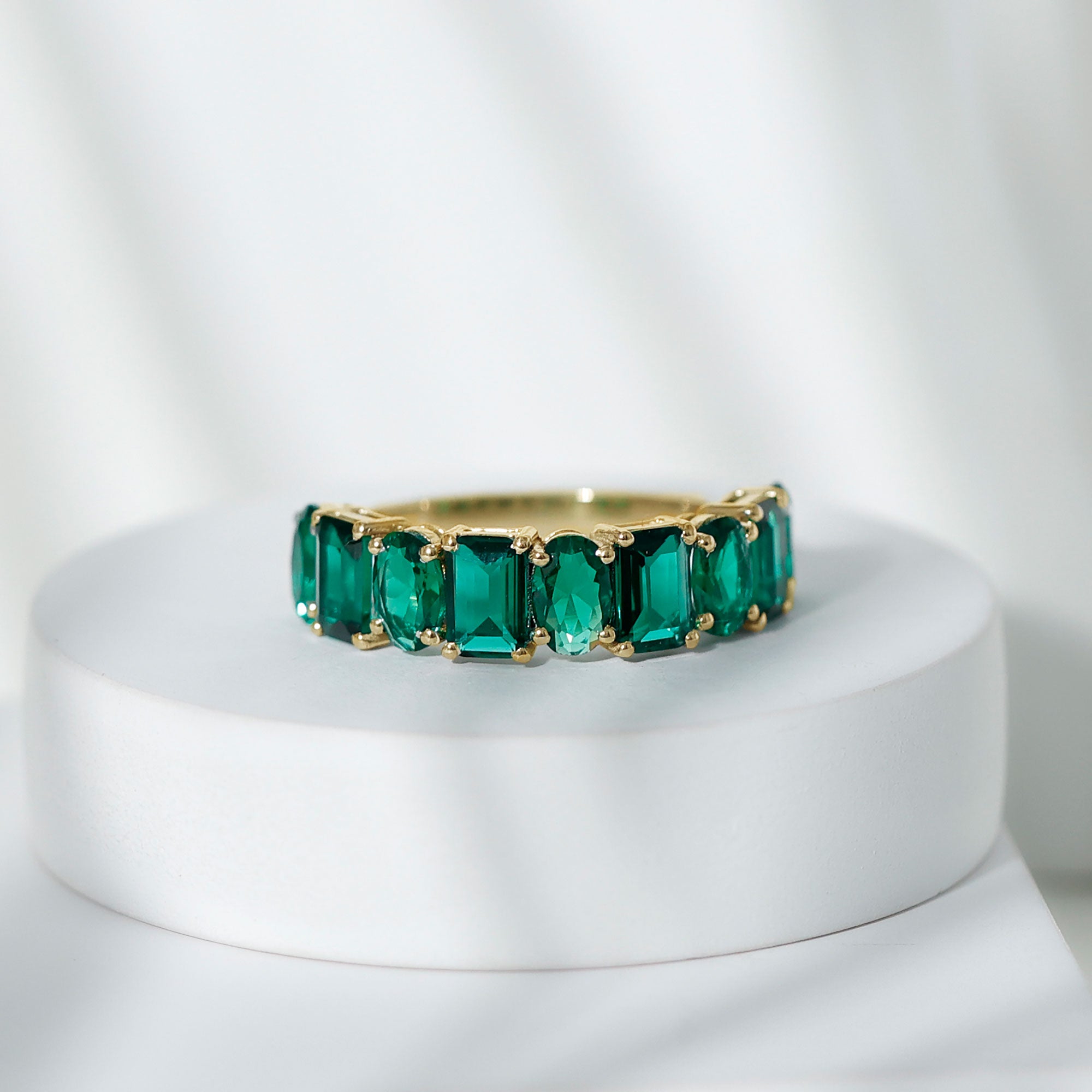 Emerald and Oval Lab Grown Emerald Half Eternity Ring Lab Created Emerald - ( AAAA ) - Quality - Rosec Jewels