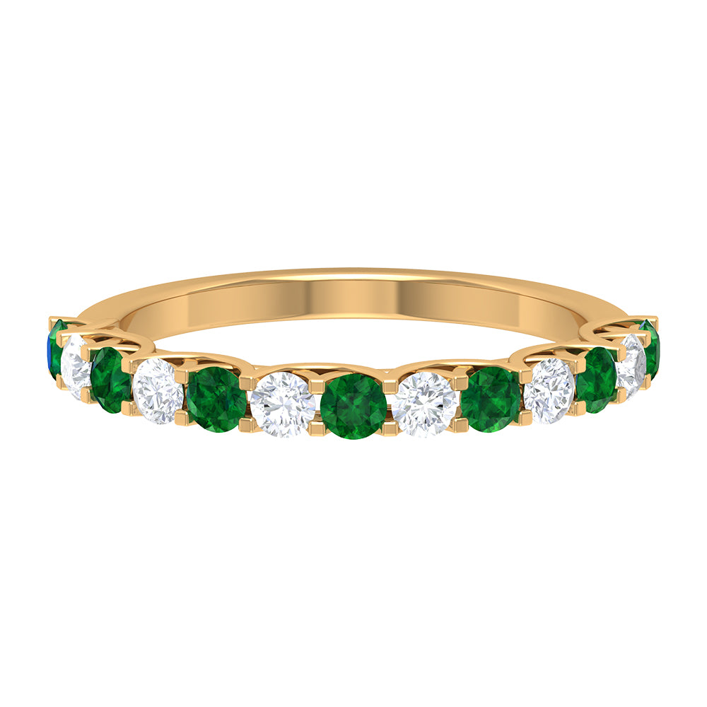 Trellis Set Round Emerald and Moissanite Half Eternity Ring Emerald - ( AAA ) - Quality - Rosec Jewels