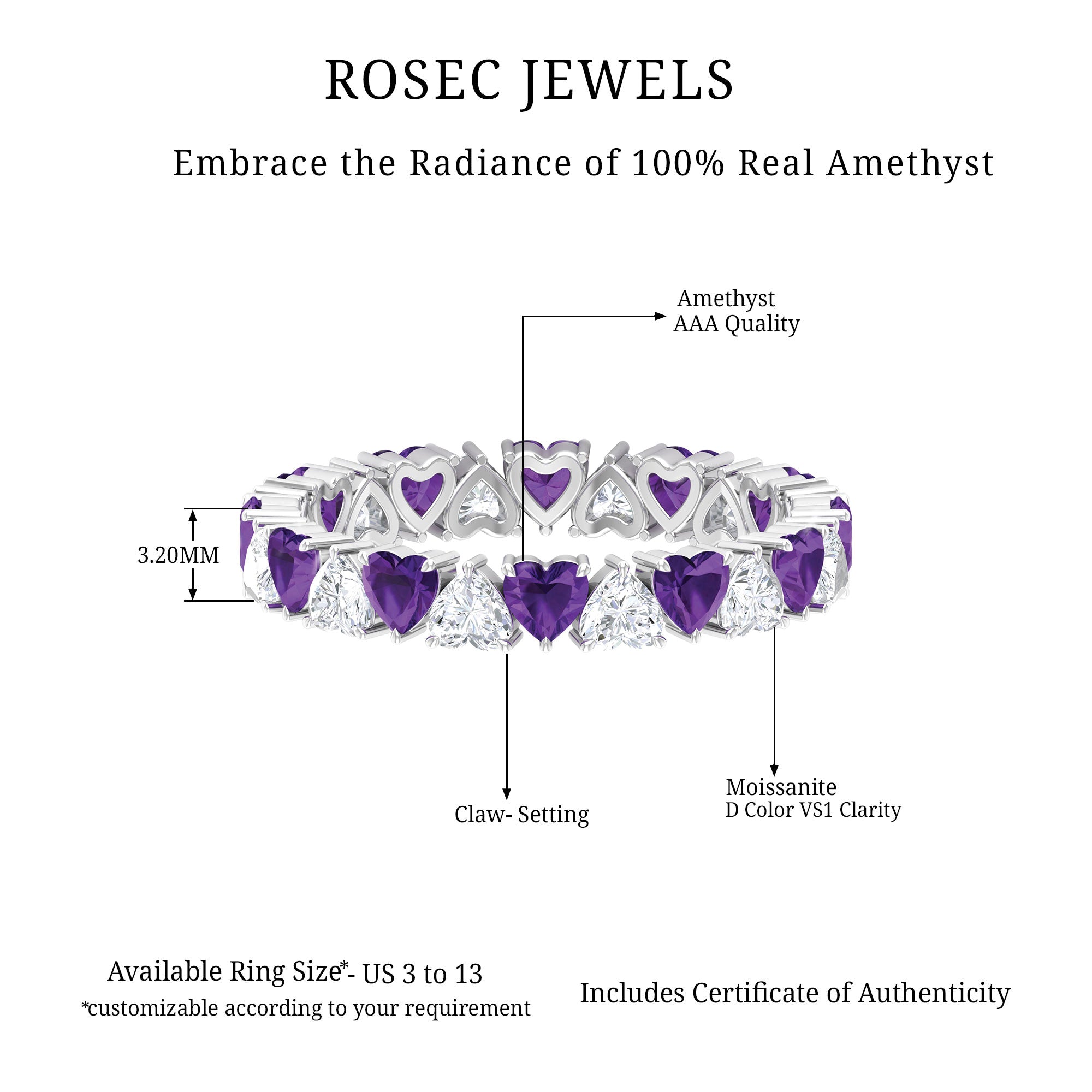 Rosec Jewels-Heart Shape Purple Amethyst and Moissanite Eternity Ring in Claw Setting