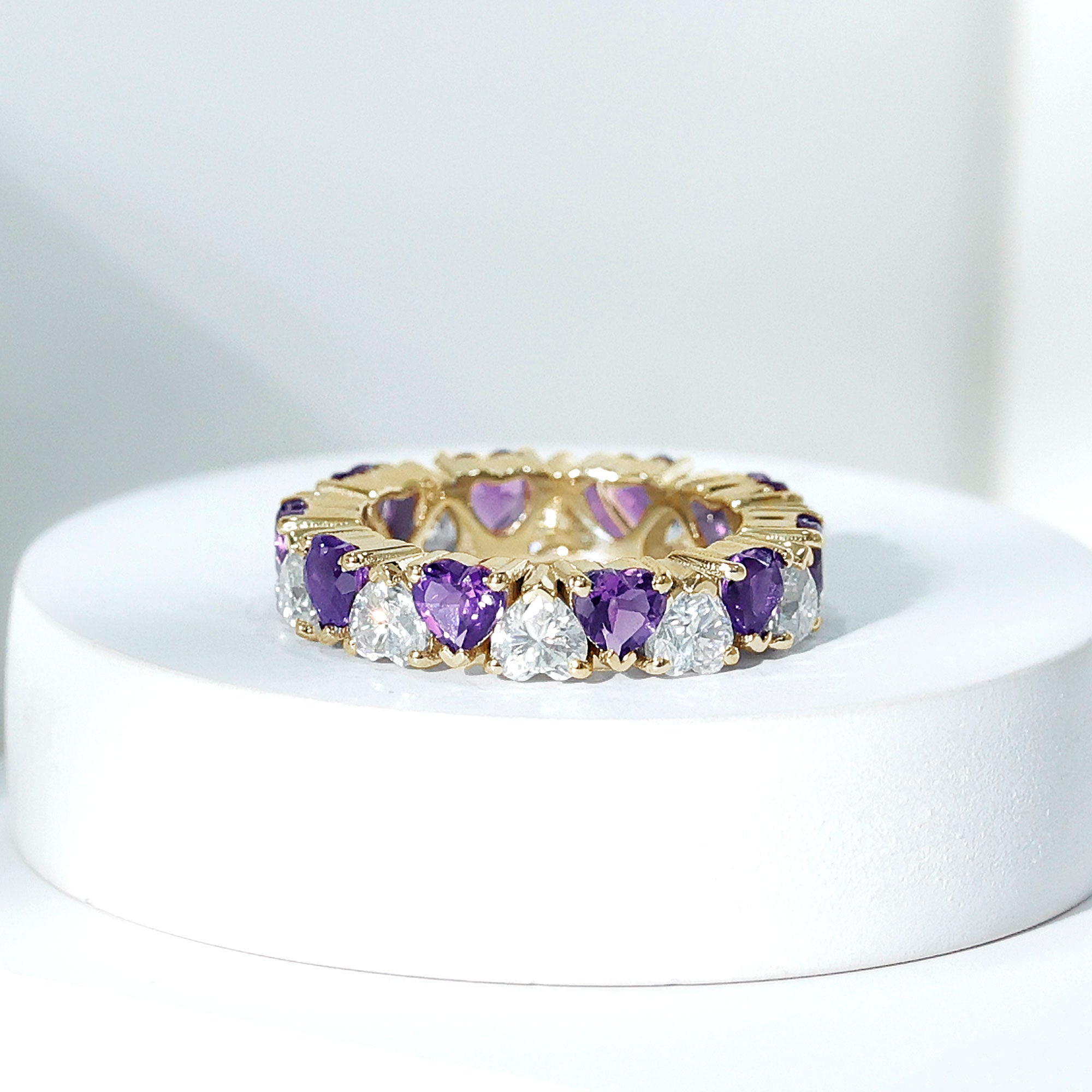 Rosec Jewels-Heart Shape Purple Amethyst and Moissanite Eternity Ring in Claw Setting