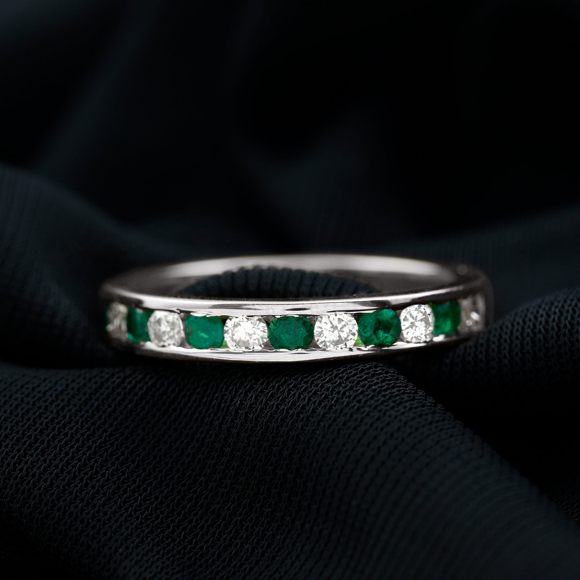 Emerald and Diamond Semi Eternity Band Ring Emerald - ( AAA ) - Quality - Rosec Jewels